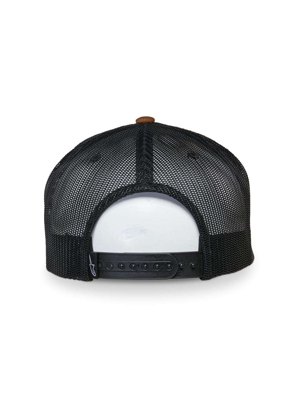 Czapka Alpinestars Mackinic Trucker Hat, widok z tyłu, czarne panele z siatki z brązowym guzikiem na górze, regulowane zapięcie snapback, casualowy dodatek sportowy