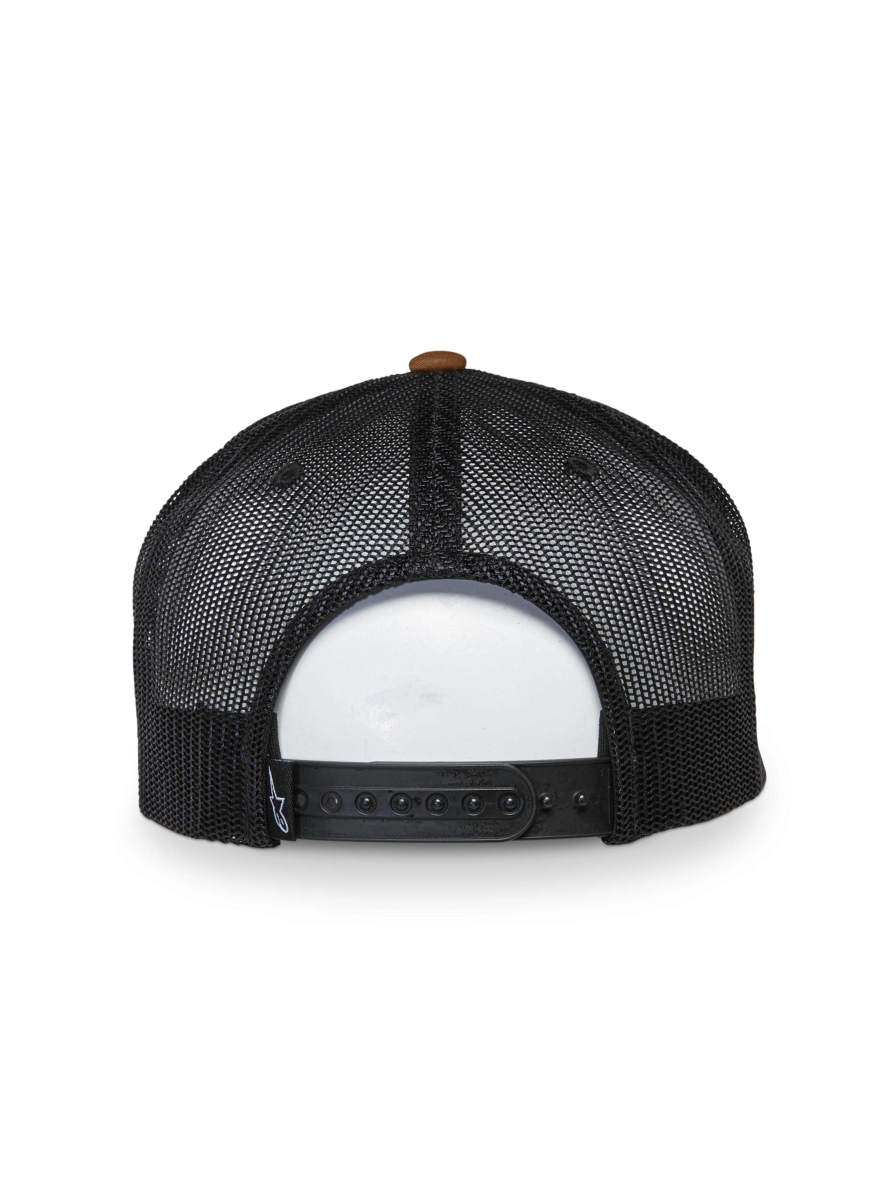 Czapka Alpinestars Mackinic Trucker Hat, widok z tyłu, czarne panele z siatki z brązowym guzikiem na górze, regulowane zapięcie snapback, casualowy dodatek sportowy