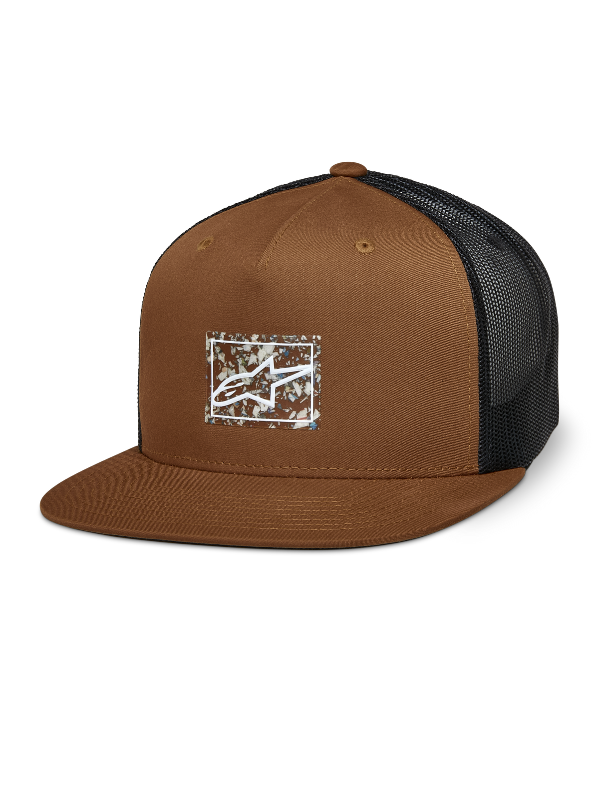 Alpinestars Mackinic Trucker Hat, Brown and Black Mesh Back, Structured Crown and Flat Bill, White A-star Logo on a Rectangular Speckled Patch, Casual Motorsport-Inspired Headwear