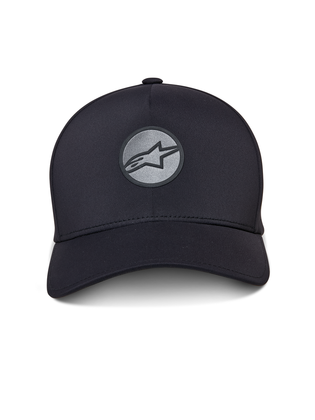 Czapka Alpinestars Apex, czarna czapka sportowa, zakrzywiony daszek i ustrukturyzowana korona, z przodu odblaskowe, zgrzewane logo Astar na okrągłej naszywce, bezszwowa konstrukcja o nowoczesnym, sportowym designie