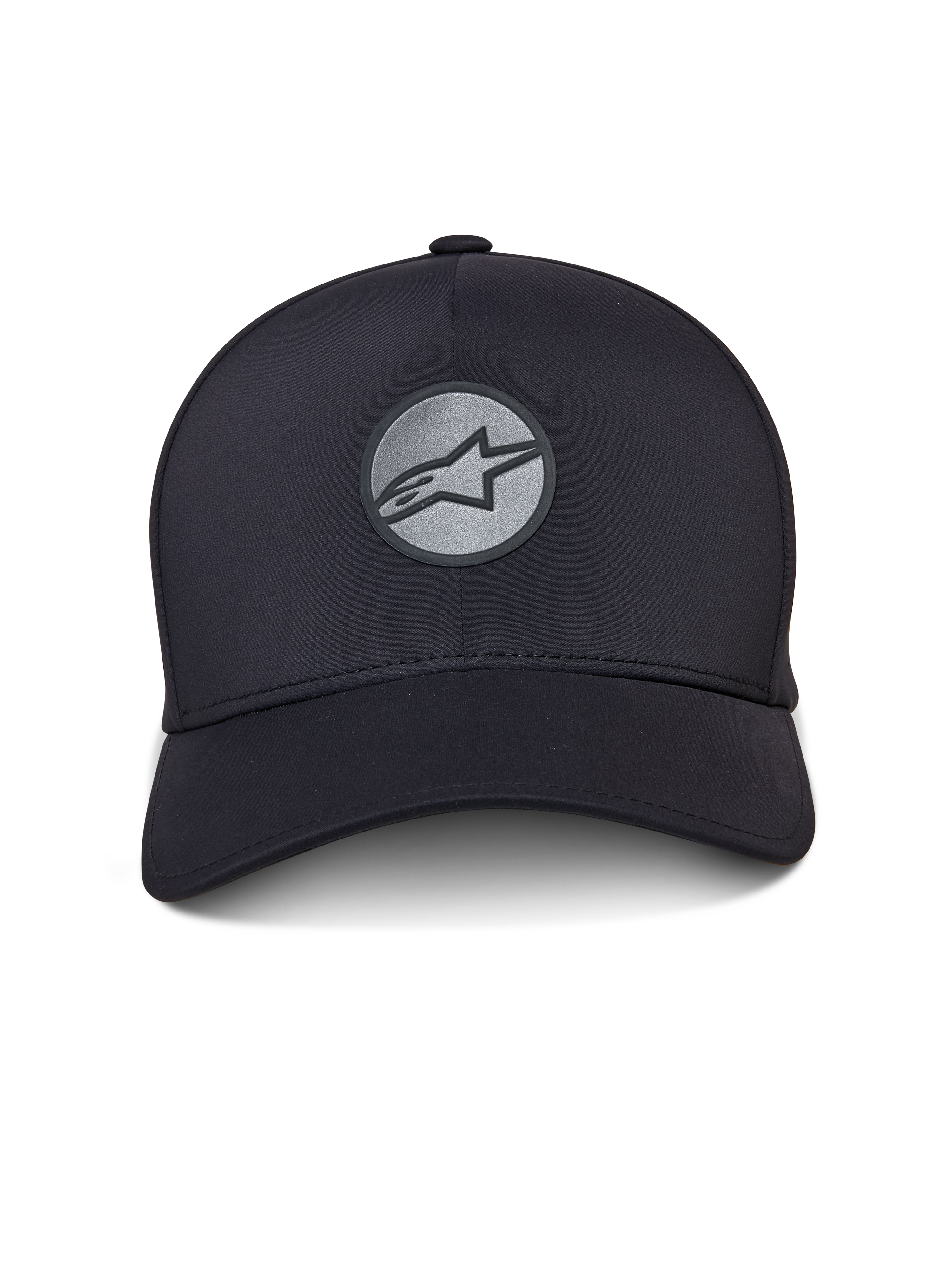 Czapka Alpinestars Apex, czarna czapka sportowa, zakrzywiony daszek i ustrukturyzowana korona, z przodu odblaskowe, zgrzewane logo Astar na okrągłej naszywce, bezszwowa konstrukcja o nowoczesnym, sportowym designie