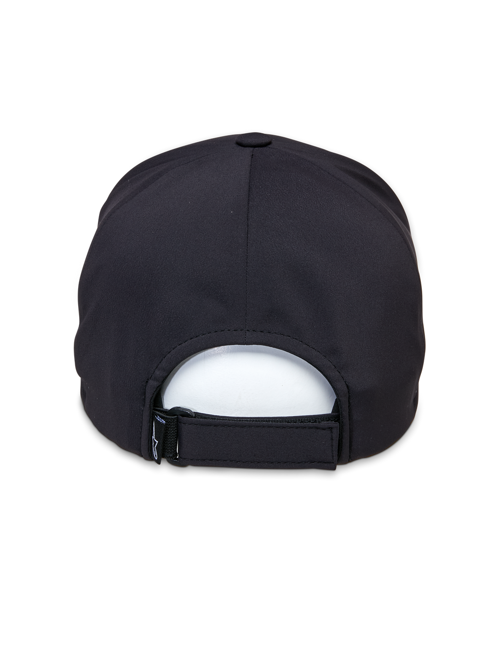 Alpinestars Apex Hat, czarna czapka, widok z tyłu prezentujący regulowany pasek na rzep, bezszwową konstrukcję korony i oddychającą tkaninę techniczną do odzieży sportowej