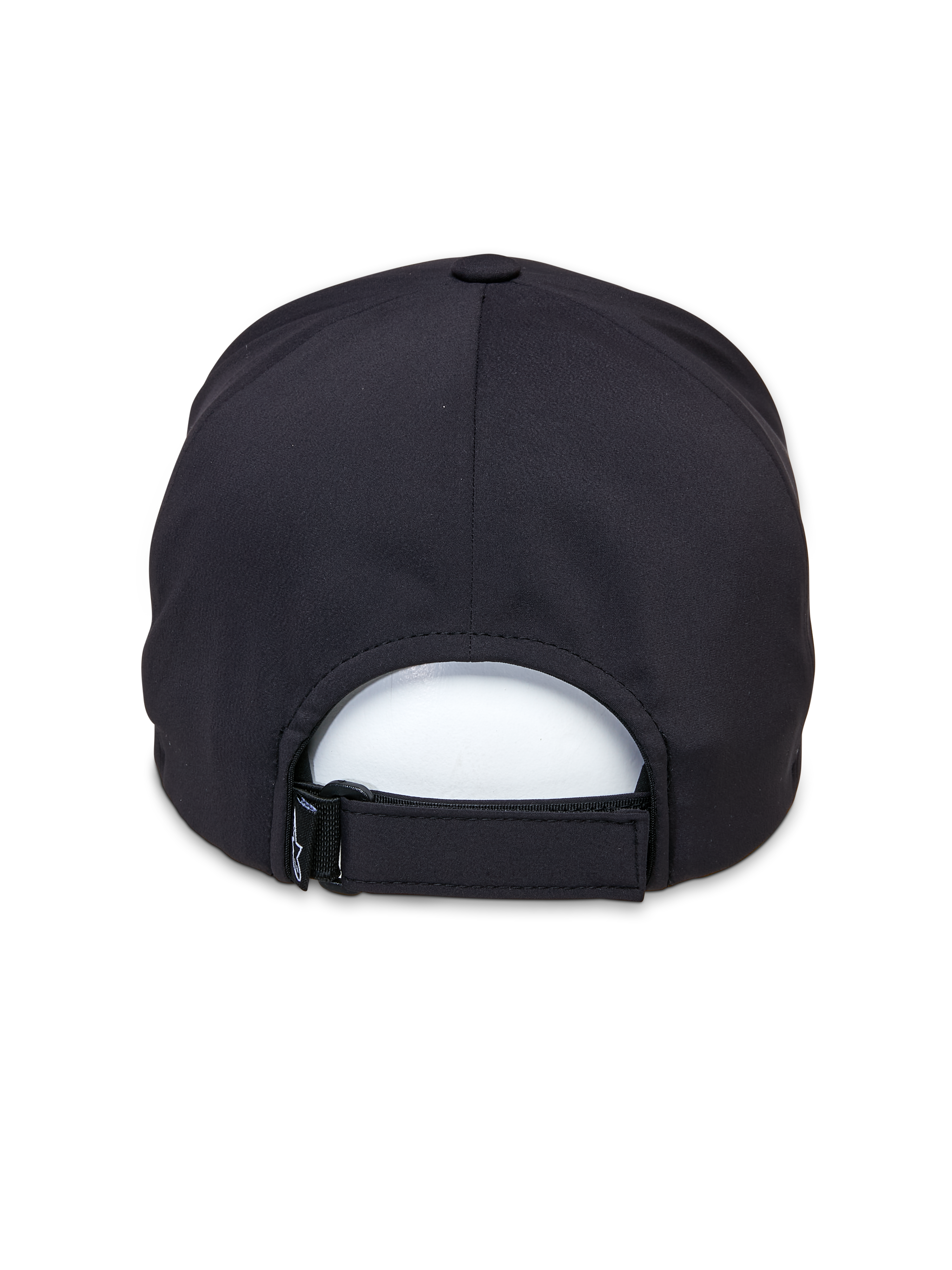 Alpinestars Apex Hat, czarna czapka, widok z tyłu prezentujący regulowany pasek na rzep, bezszwową konstrukcję korony i oddychającą tkaninę techniczną do odzieży sportowej