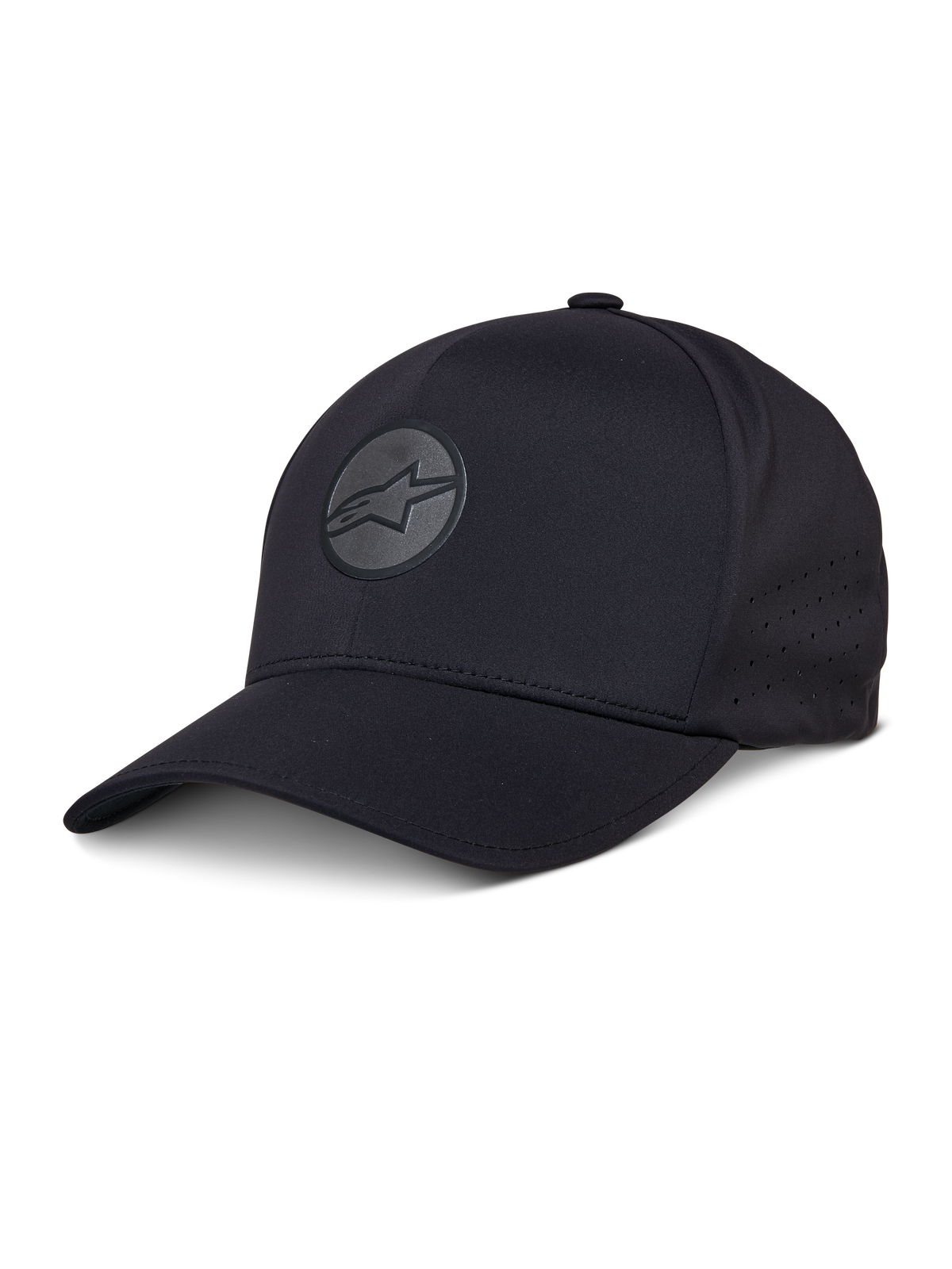 Alpinestars Apex Hat, Black Baseball Cap, Curved Brim, Reflective Circular Star Logo, Perforated Side Panels for Ventilation, Performance Sportswear Headwear