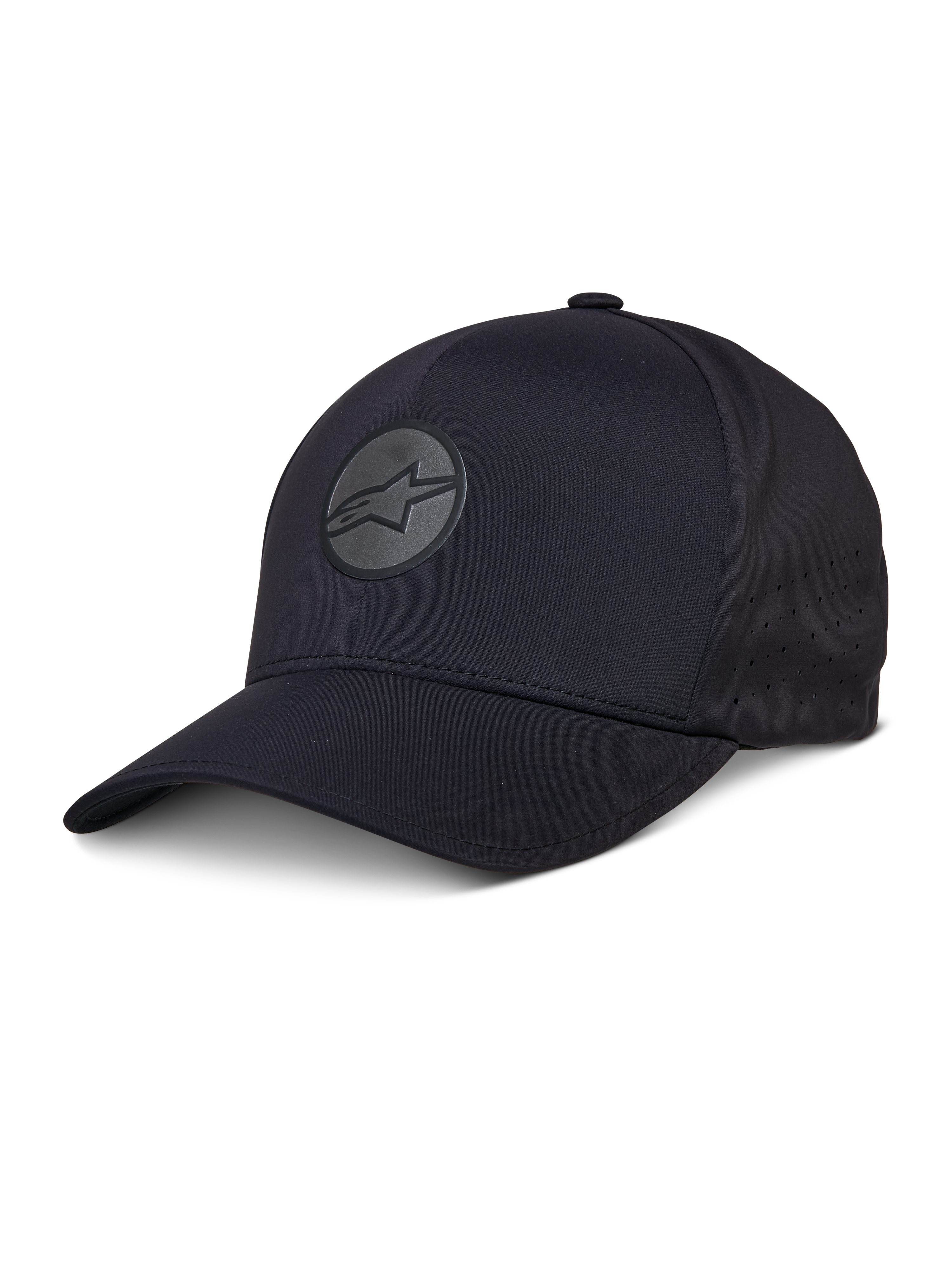 Alpinestars Apex Hat, czarna czapka z daszkiem baseballowa, zakrzywiony daszek, odblaskowe okrągłe logo z gwiazdą, perforowane panele boczne zapewniające wentylację, sportowe nakrycie głowy