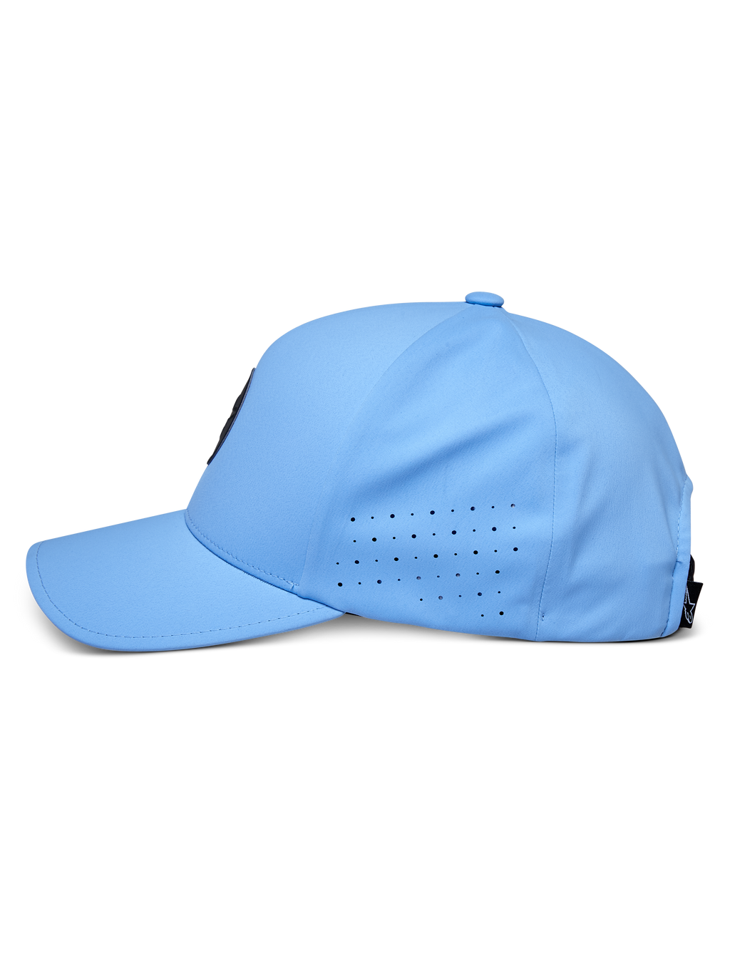 Czapka Alpinestars Apex, niebieska, widok z boku, zakrzywiony daszek z perforowanymi panelami bocznymi zapewniającymi wentylację, techniczna tkanina odprowadzająca wilgoć, sportowe nakrycie głowy inspirowane motorsportem