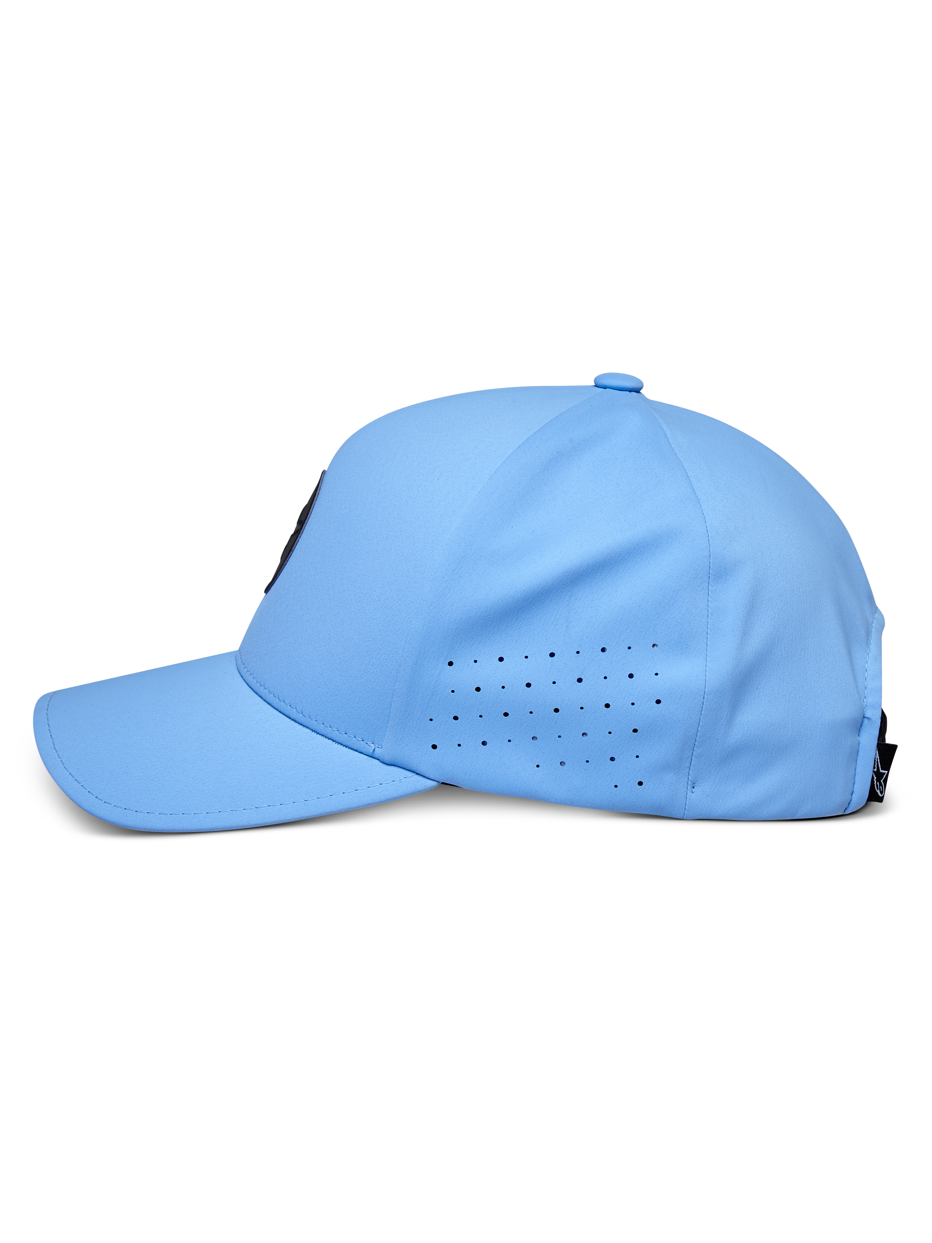 Czapka Alpinestars Apex, niebieska, widok z boku, zakrzywiony daszek z perforowanymi panelami bocznymi zapewniającymi wentylację, techniczna tkanina odprowadzająca wilgoć, sportowe nakrycie głowy inspirowane motorsportem