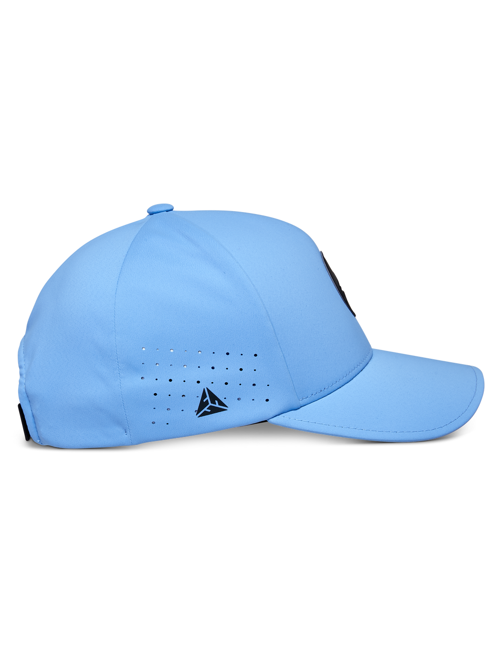 Alpinestars Apex Hat, niebieska techniczna czapka z daszkiem, profil boczny z zakrzywionym daszkiem i usztywnioną koroną, laserowo wycinane otwory wentylacyjne z małym czarnym trójkątnym logo, nowoczesna tkanina odprowadzająca wilgoć