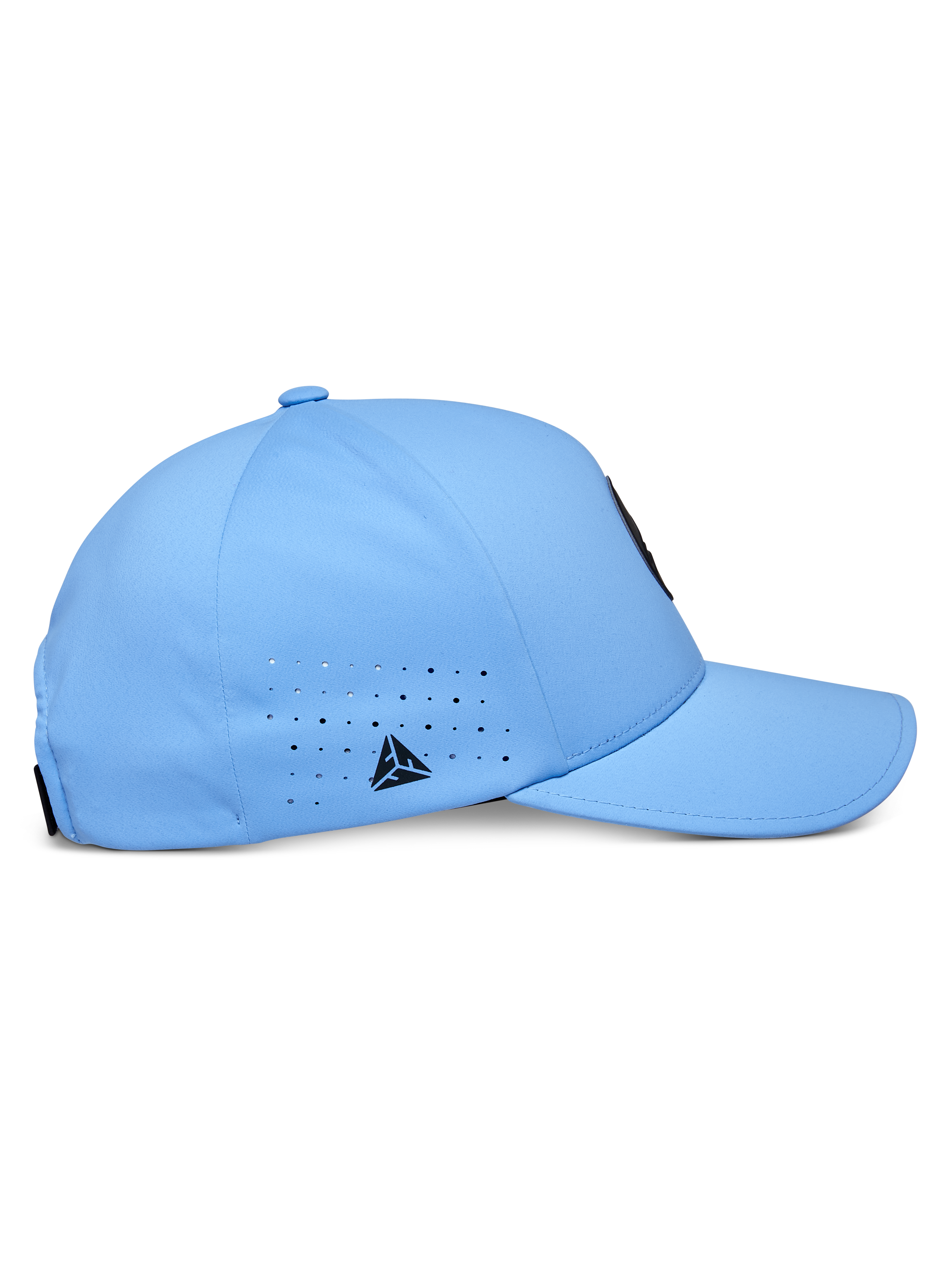 Alpinestars Apex Hat, niebieska techniczna czapka z daszkiem, profil boczny z zakrzywionym daszkiem i usztywnioną koroną, laserowo wycinane otwory wentylacyjne z małym czarnym trójkątnym logo, nowoczesna tkanina odprowadzająca wilgoć