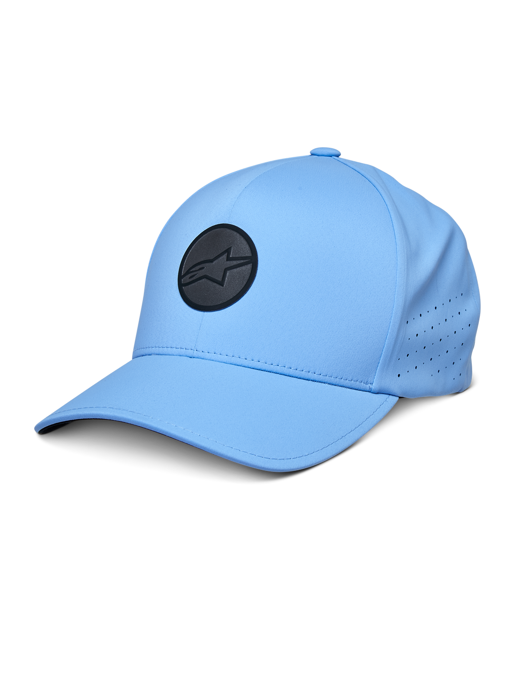 Alpinestars Apex Hat, niebieska czapka z daszkiem, czarne okrągłe logo, perforowane panele boczne zapewniające wentylację, zakrzywiony daszek, odzież sportowa performance