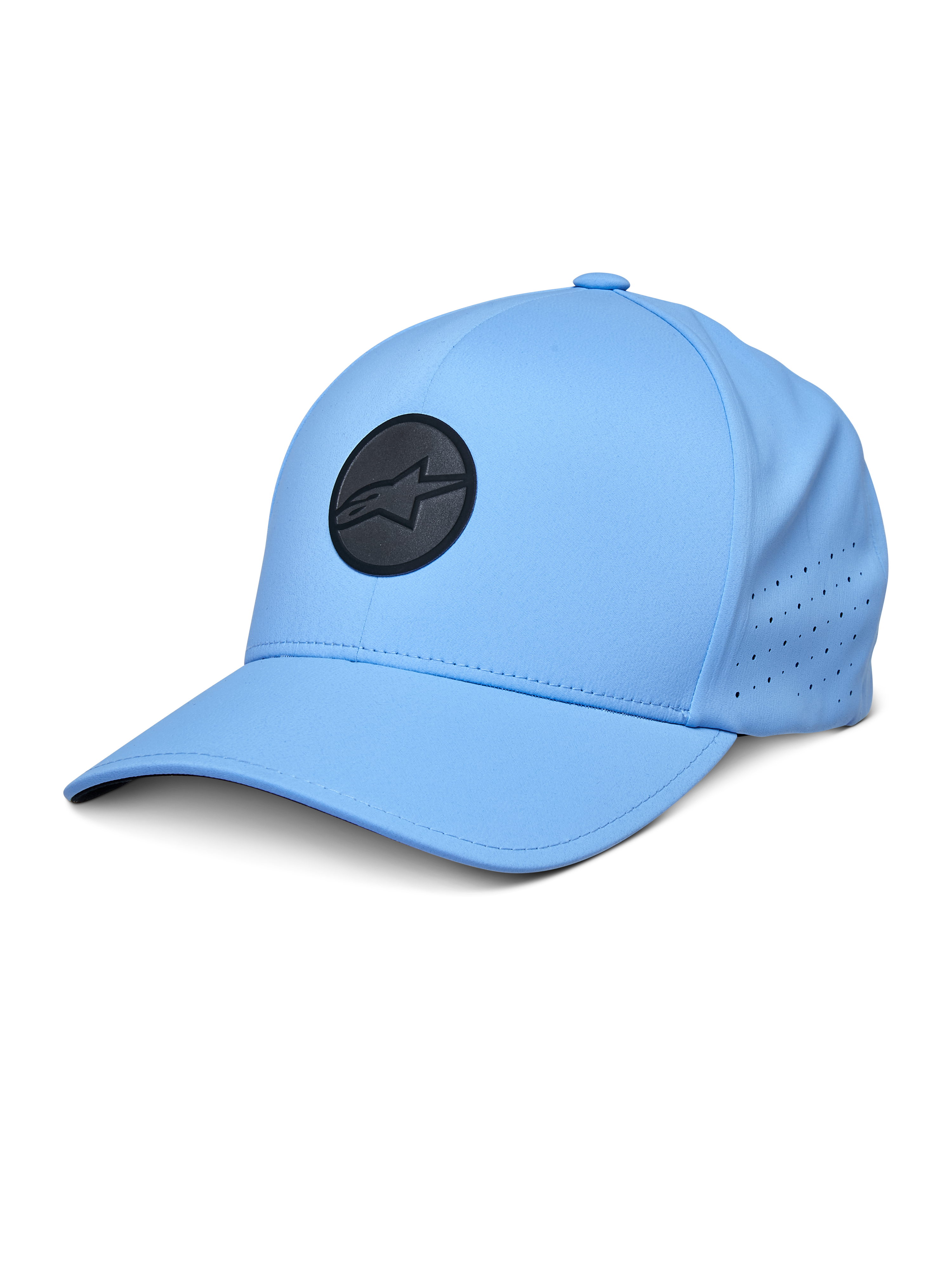 Alpinestars Apex Hat, niebieska czapka z daszkiem, czarne okrągłe logo, perforowane panele boczne zapewniające wentylację, zakrzywiony daszek, odzież sportowa performance