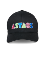 Alpinestars Cereal Hat, czarna czapka z daszkiem, kolorowe haftowane logo ASTARS z przodu, usztywniona korona z zakrzywionym daszkiem, casualowa odzież sportowa