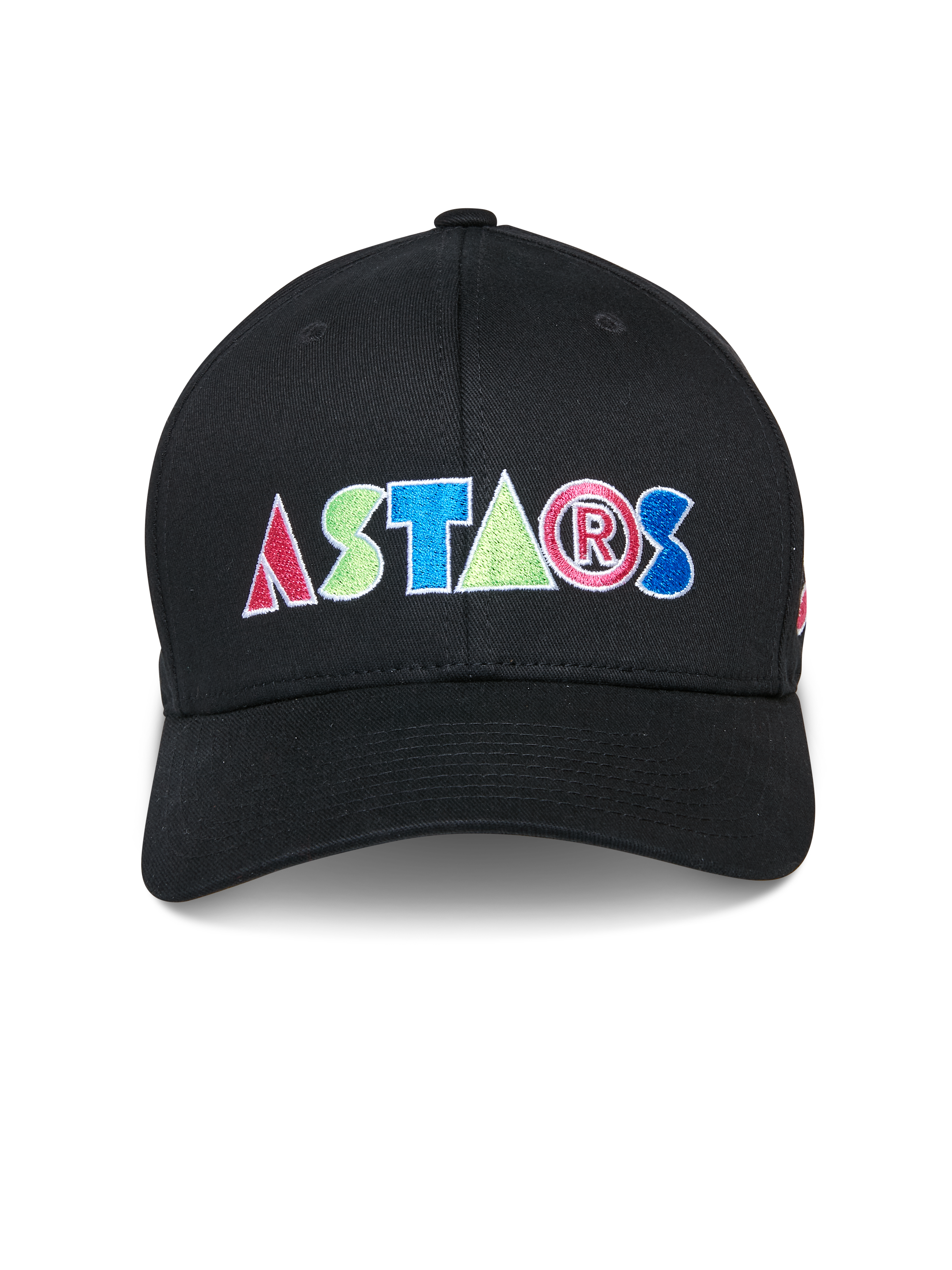 Alpinestars Cereal Hat, czarna czapka z daszkiem, kolorowe haftowane logo ASTARS z przodu, usztywniona korona z zakrzywionym daszkiem, casualowa odzież sportowa