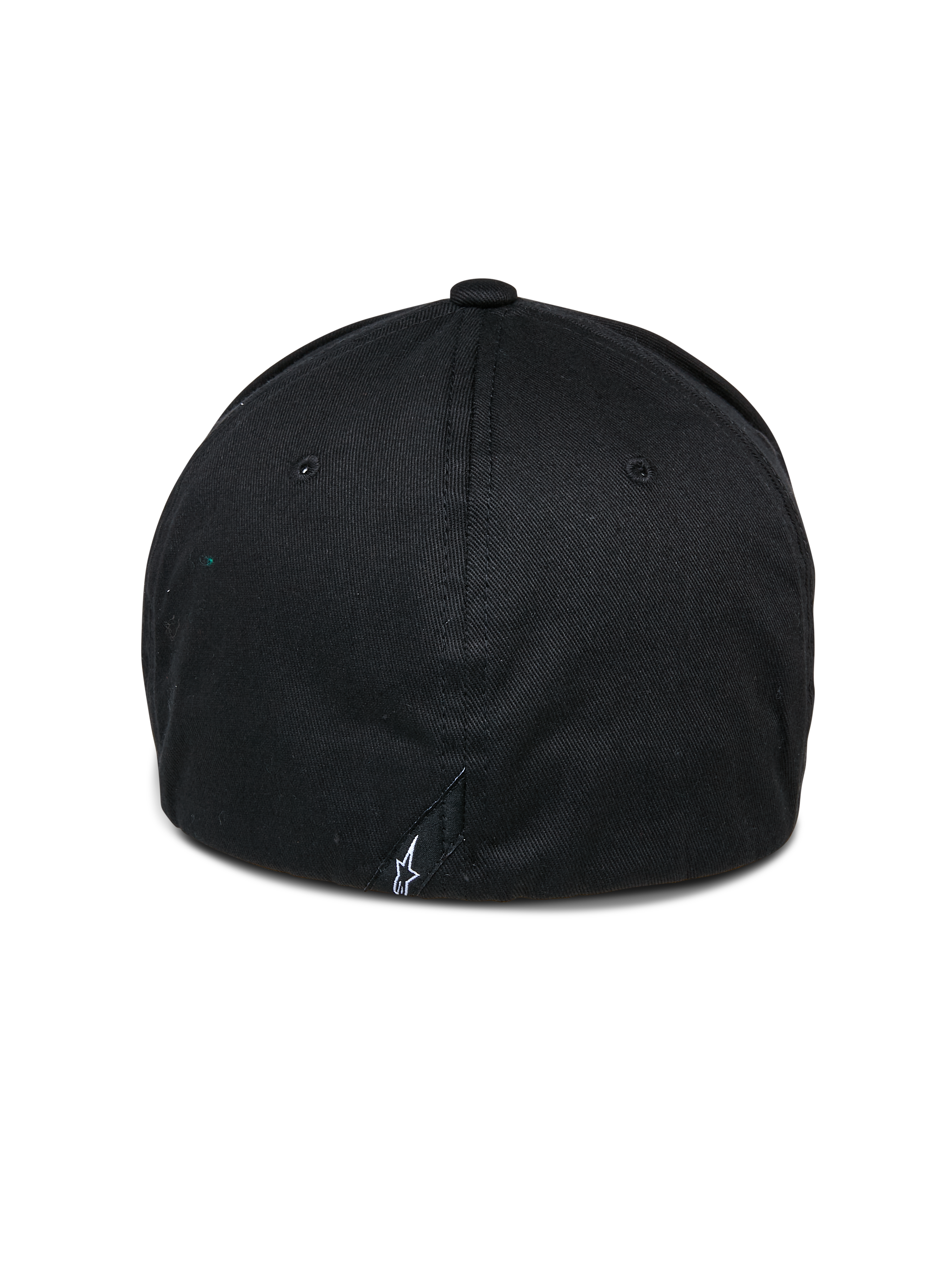 Alpinestars Cereal Hat, czarna czapka z daszkiem, widok z tyłu z elastyczną konstrukcją i małym białym haftowanym logo u podstawy, sportowe nakrycie głowy w stylu casual