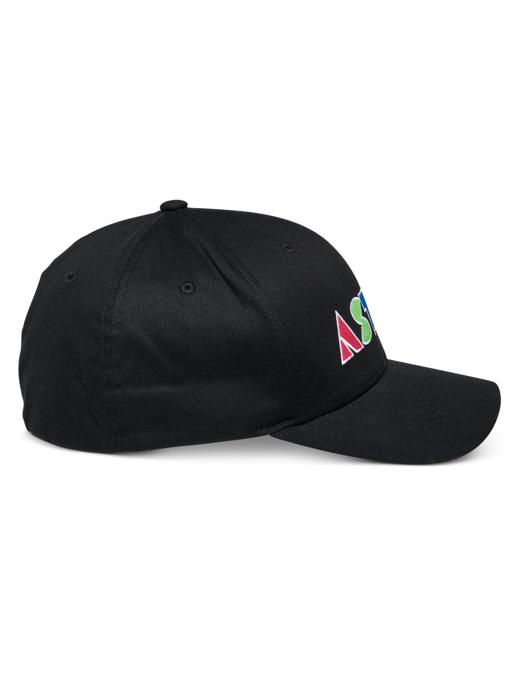 Alpinestars Cereal Hat, czarna usztywniona czapka z daszkiem, widok z boku, kolorowy płaski haft z boku z geometrycznymi literami, zakrzywiony daszek, casualowy design sportowy.