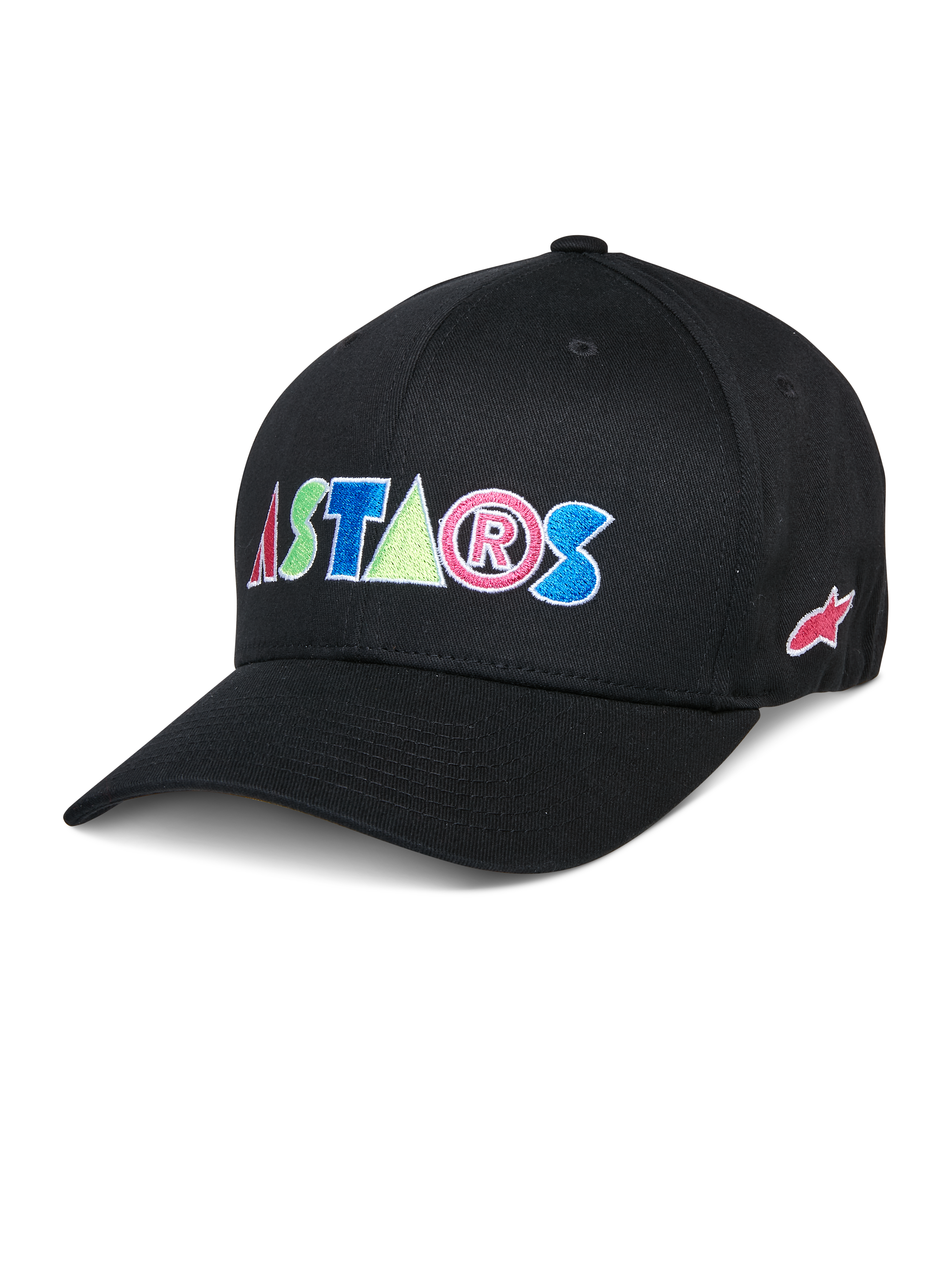 Alpinestars Cereal Hat, czarna czapka z daszkiem, kolorowe haftowane litery ASTARS, czerwone, niebieskie, różowe i zielone litery, zakrzywiony daszek, codzienne nakrycie głowy