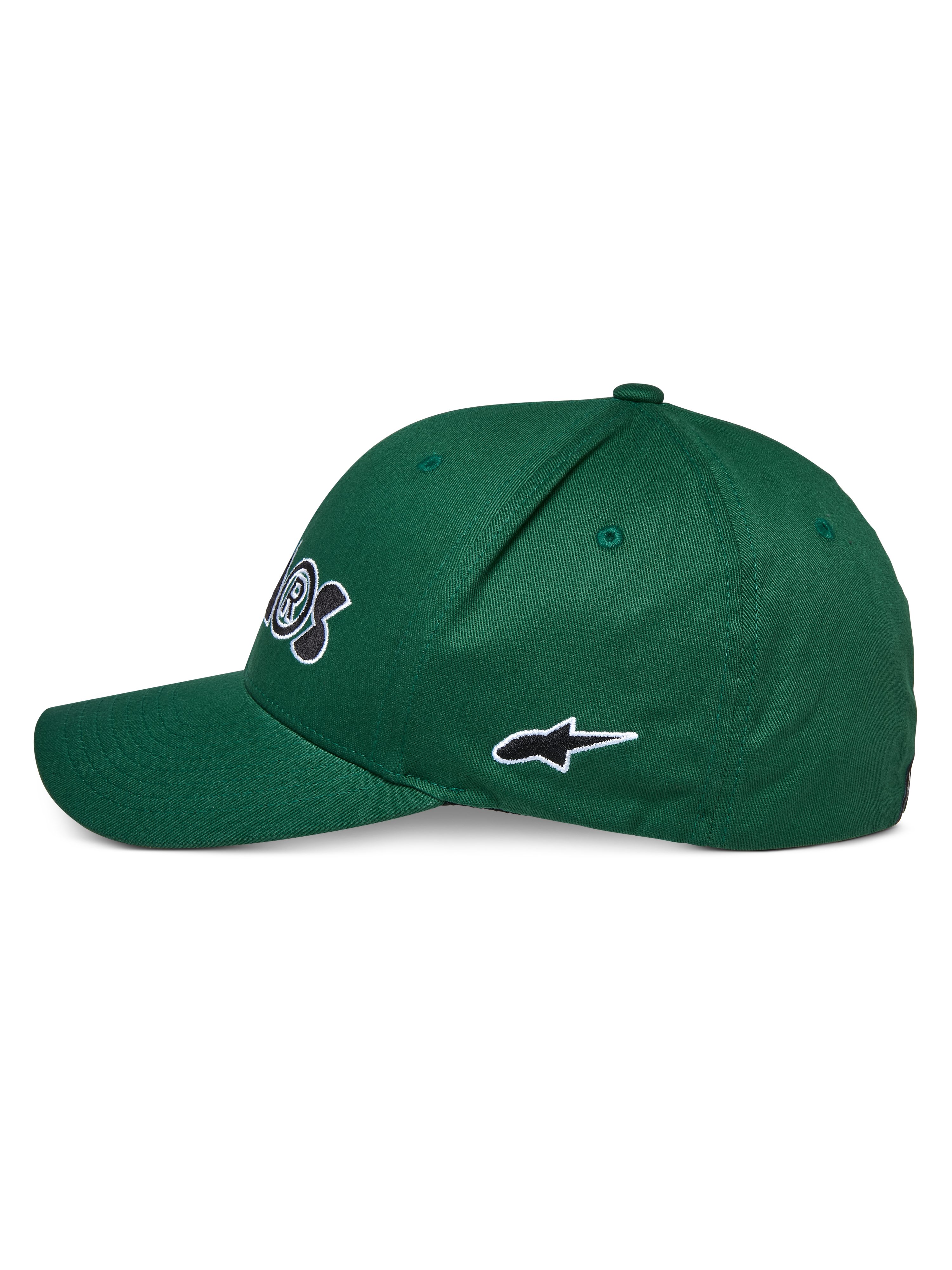 Alpinestars Cereal Hat, zielona czapka z daszkiem, widok z boku, zakrzywiony daszek, haftowane czarno-białe logo gwiazdy, sportowe nakrycie głowy