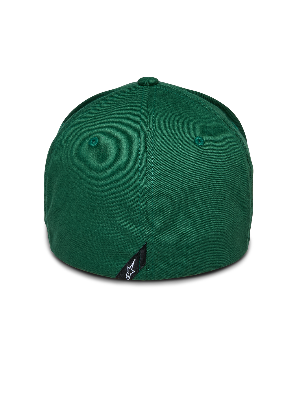 Alpinestars Cereal Hat, zielona czapka z daszkiem, widok z tyłu bejsbolówki typu flex-back, mała czarna metka z logo Alpinestars na tylnym szwie, usztywniona korona z elastycznej tkaniny twill