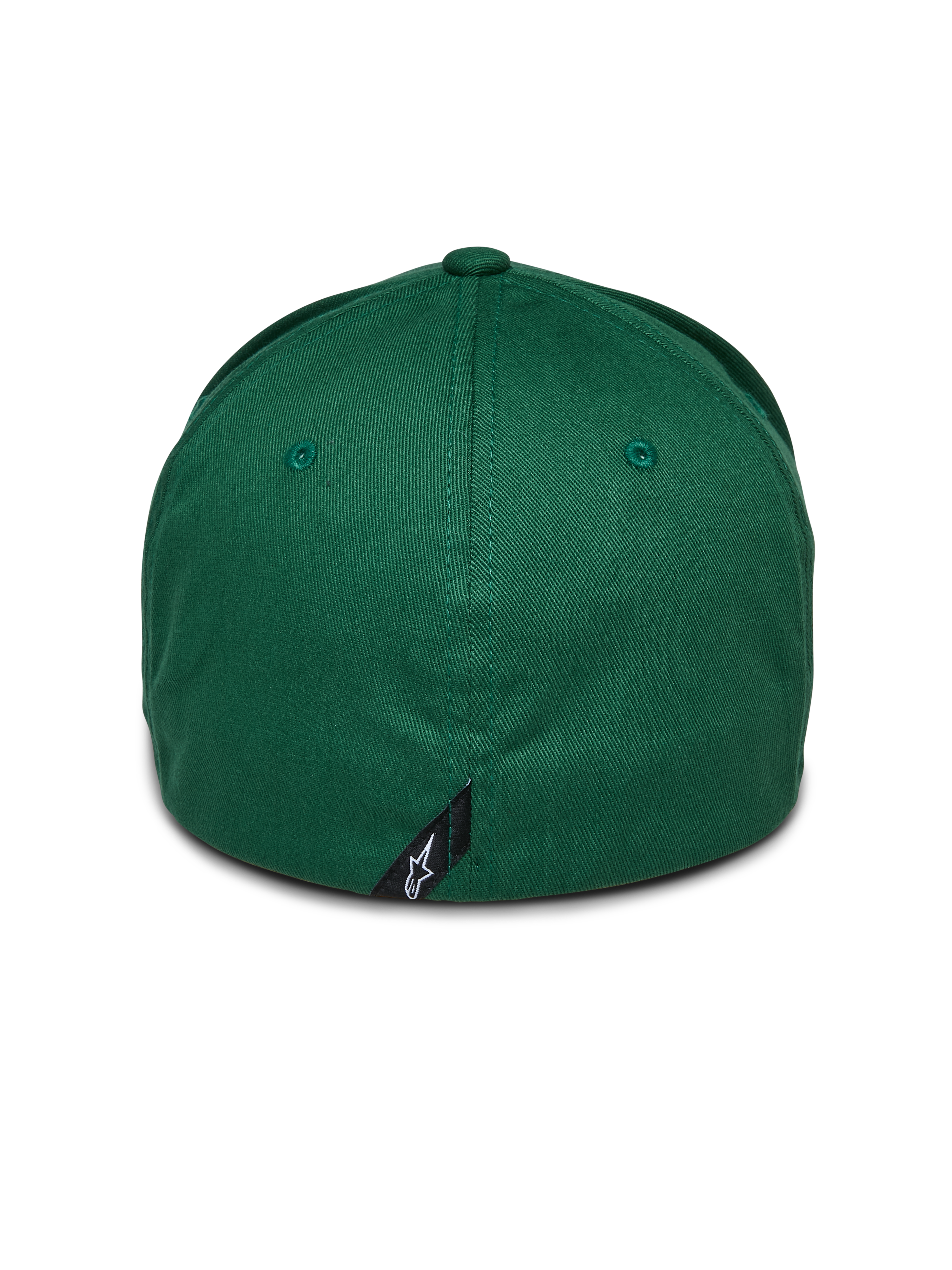Alpinestars Cereal Hat, zielona czapka z daszkiem, widok z tyłu bejsbolówki typu flex-back, mała czarna metka z logo Alpinestars na tylnym szwie, usztywniona korona z elastycznej tkaniny twill