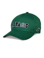 Alpinestars Cereal Hat, zielona czapka baseballowa, biało-czarne haftowane logo ASTARS, zakrzywiony daszek, usztywniona korona, codzienna odzież sportowa