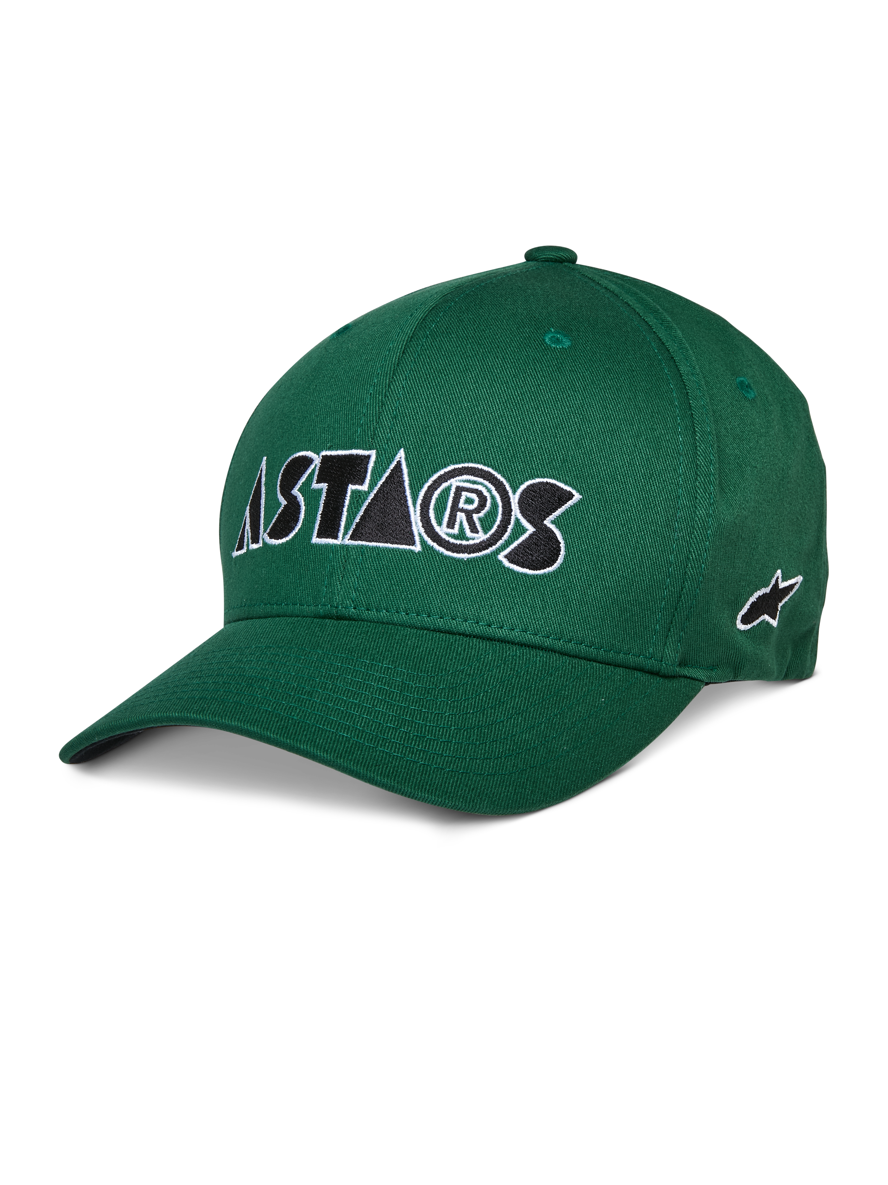 Alpinestars Cereal Hat, zielona czapka baseballowa, biało-czarne haftowane logo ASTARS, zakrzywiony daszek, usztywniona korona, codzienna odzież sportowa