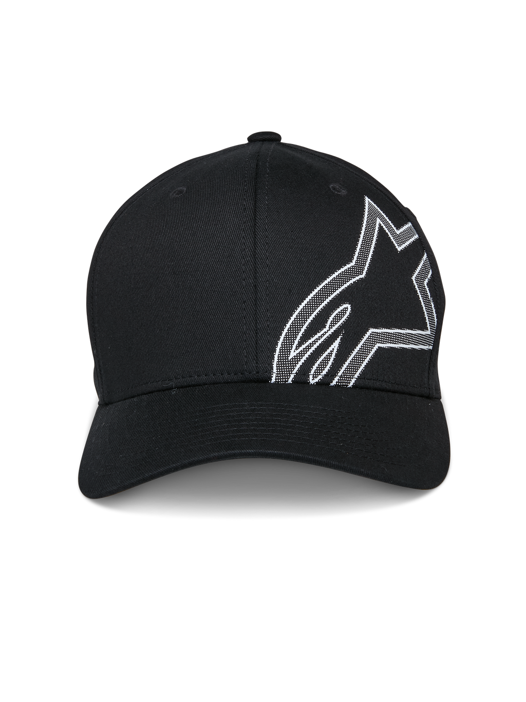 Alpinestars Share Hat, czarna czapka z daszkiem, z dużym białym konturem logo Astars w technice nadruku HD puff z boku, zakrzywiony daszek, usztywniona korona, codzienna odzież sportowa inspirowana sportami motorowymi