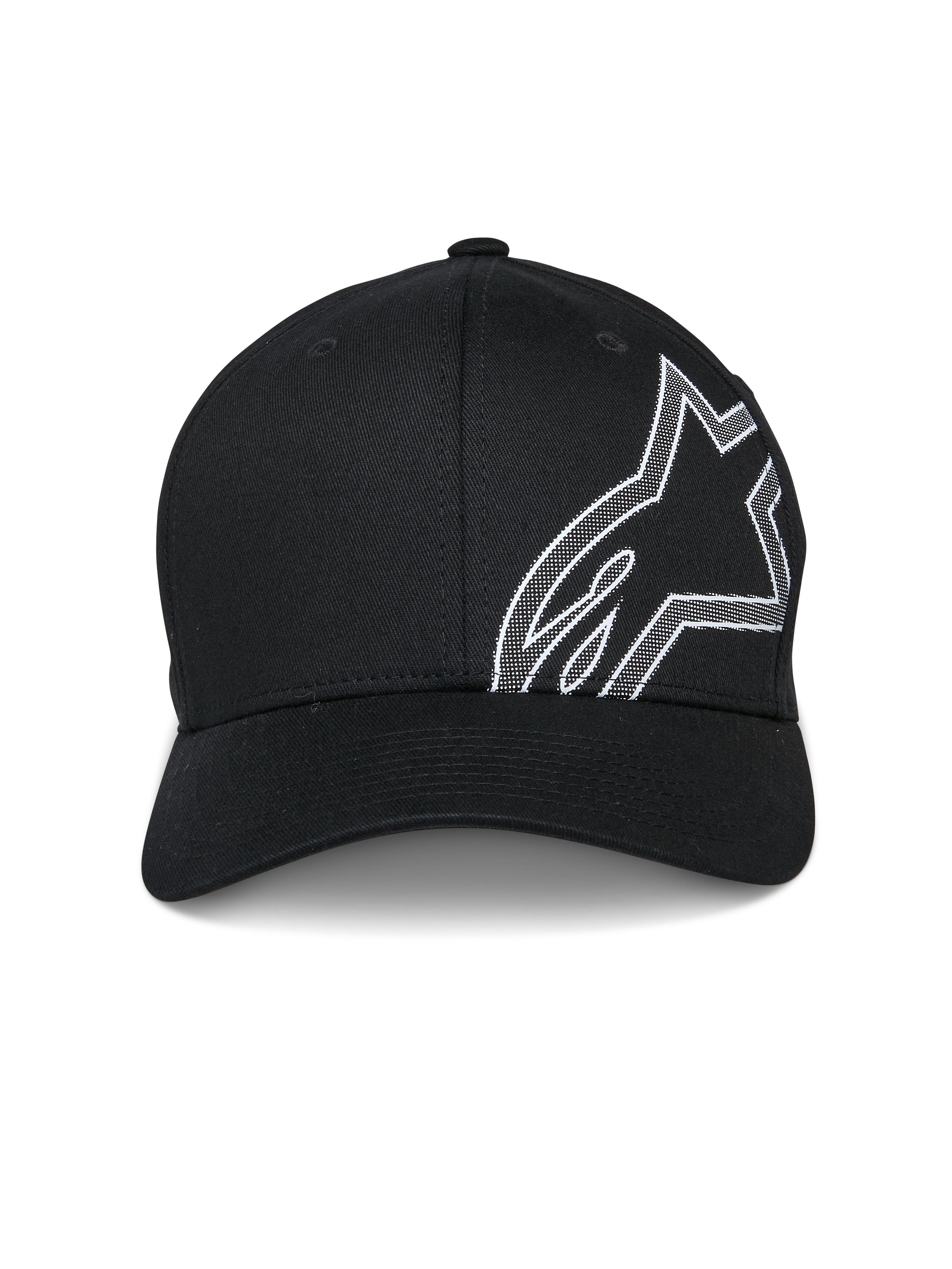 Alpinestars Share Hat, czarna czapka z daszkiem, z dużym białym konturem logo Astars w technice nadruku HD puff z boku, zakrzywiony daszek, usztywniona korona, codzienna odzież sportowa inspirowana sportami motorowymi