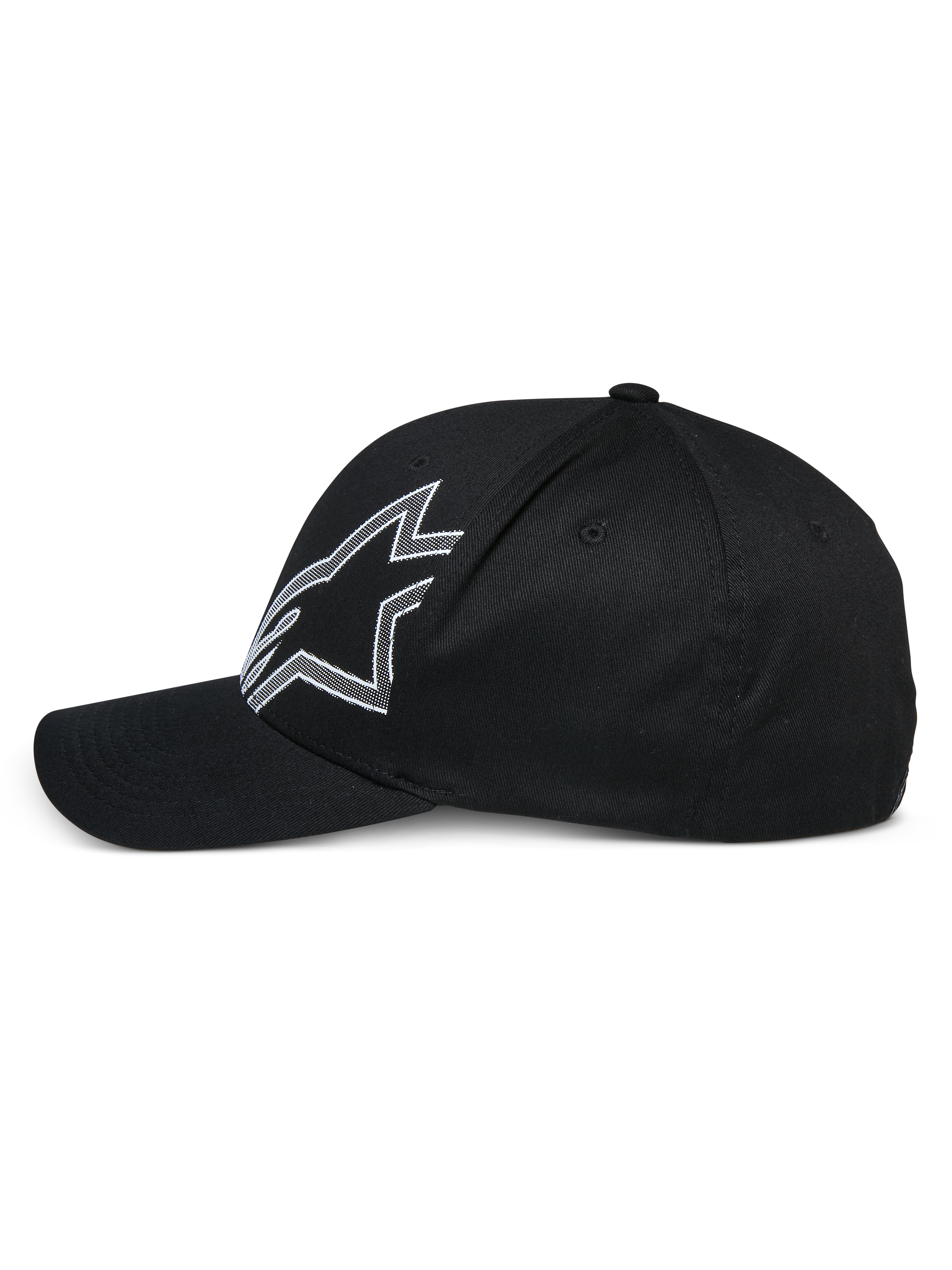 Alpinestars Share Hat, czarna czapka z daszkiem, widok z boku, z dużym białym konturowym logo Astars, zakrzywiony daszek, usztywniona korona, codzienne nakrycie głowy inspirowane sportami motorowymi