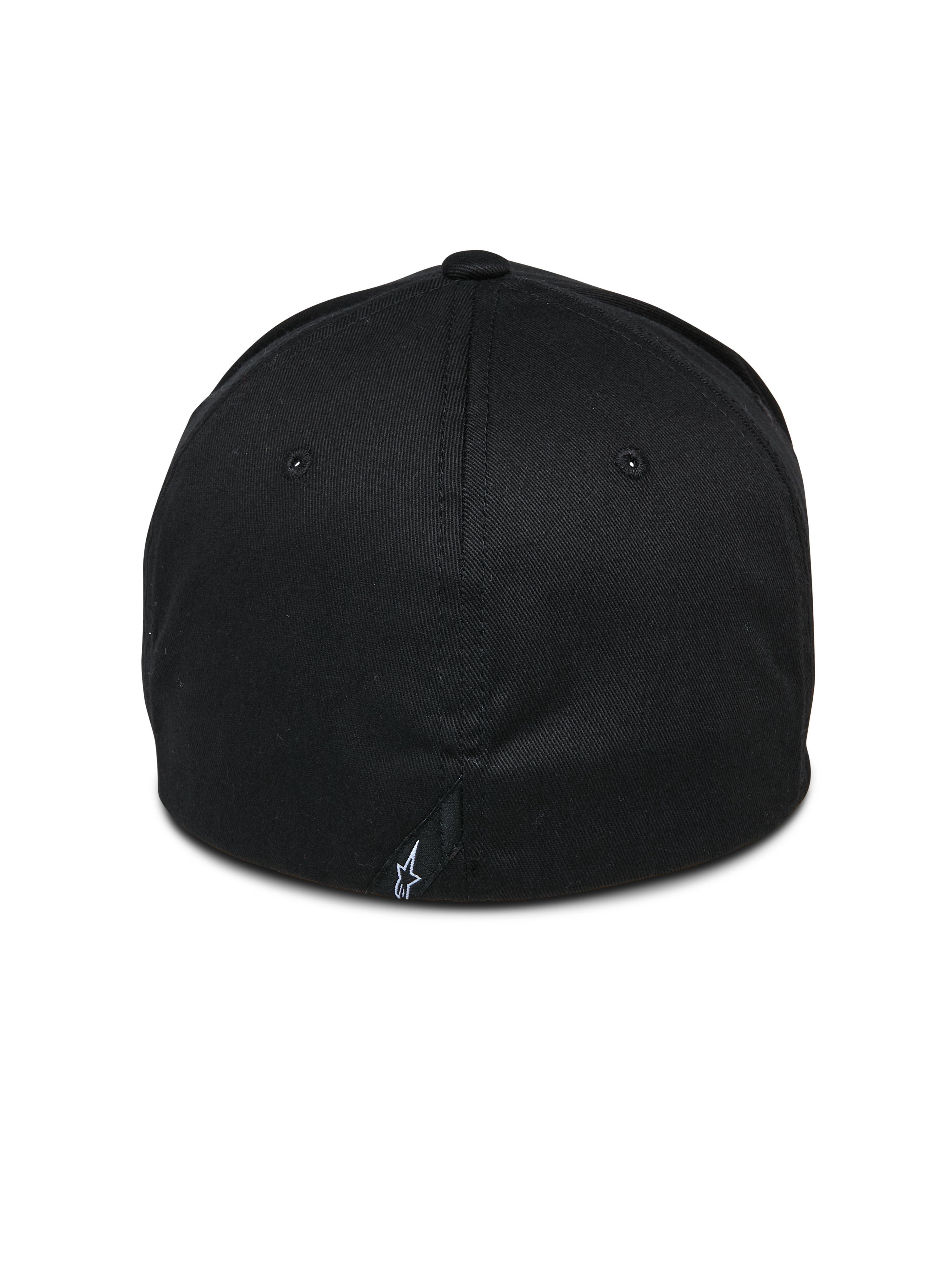 Alpinestars Share Hat, czarna czapka, widok z tyłu pokazujący zamkniętą konstrukcję typu flex-back, małe białe logo Astars na tylnym szwie, codzienna odzież uliczna inspirowana motorsportem