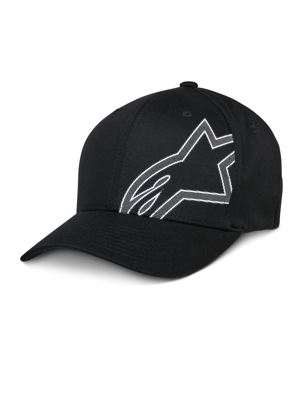 Alpinestars Share Hat, czarna czapka bejsbolowa, białe konturowe logo Astars, zakrzywiony daszek, usztywniona korona, codzienna odzież sportowa