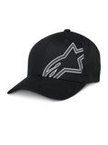 Alpinestars Share Hat, czarna czapka bejsbolowa, białe konturowe logo Astars, zakrzywiony daszek, usztywniona korona, codzienna odzież sportowa