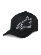 Alpinestars Share Hat, czarna czapka bejsbolowa, białe konturowe logo Astars, zakrzywiony daszek, usztywniona korona, codzienna odzież sportowa