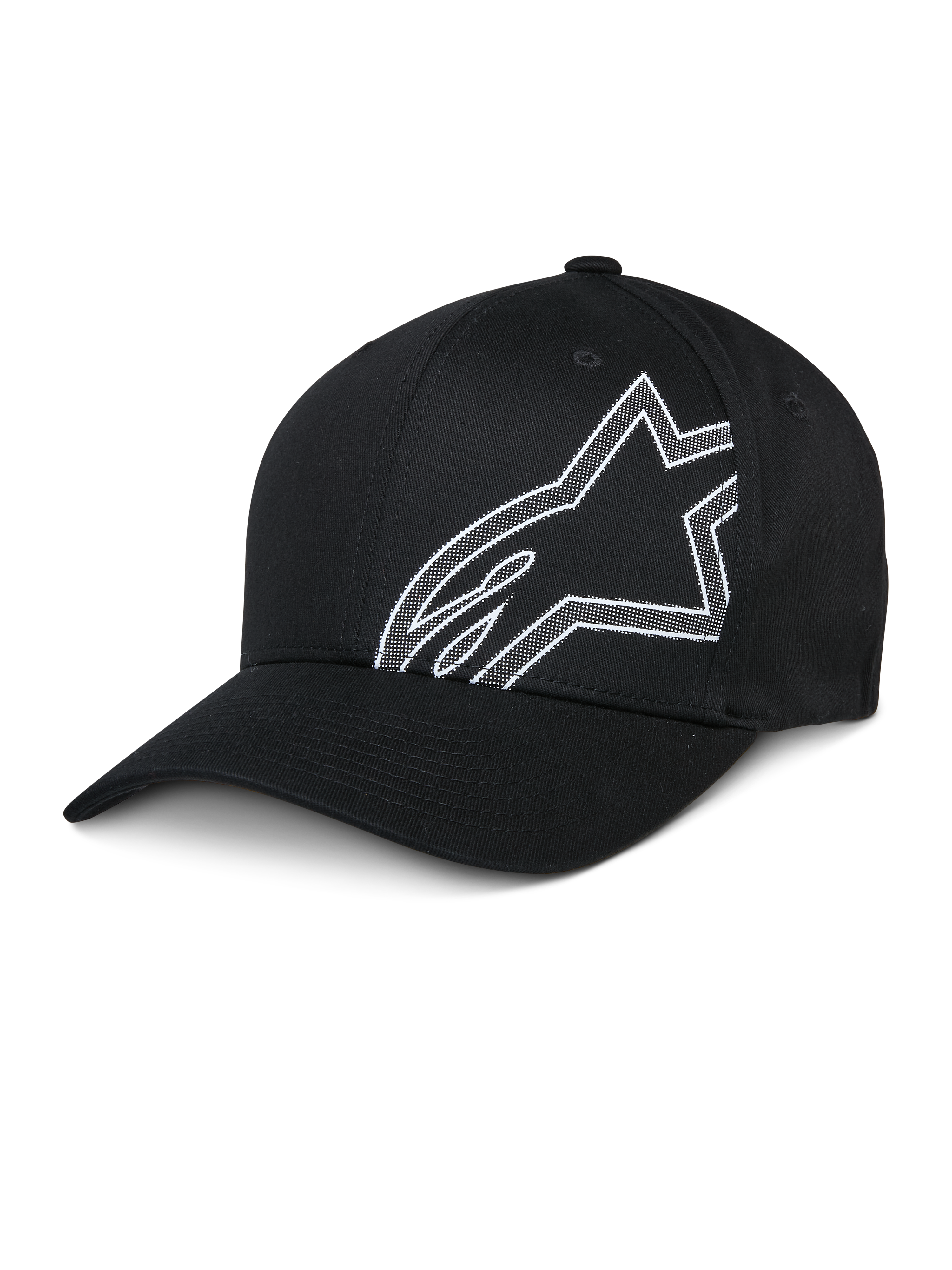 Alpinestars Share Hat, czarna czapka bejsbolowa, białe konturowe logo Astars, zakrzywiony daszek, usztywniona korona, codzienna odzież sportowa