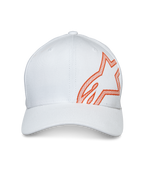 Alpinestars Share Hat, biała czapka z daszkiem, z dużym pomarańczowym logo Astars wykonanym wypukłym nadrukiem HD z boku, zakrzywiony daszek i usztywniona korona, codzienne nakrycie głowy w stylu motorsportowym
