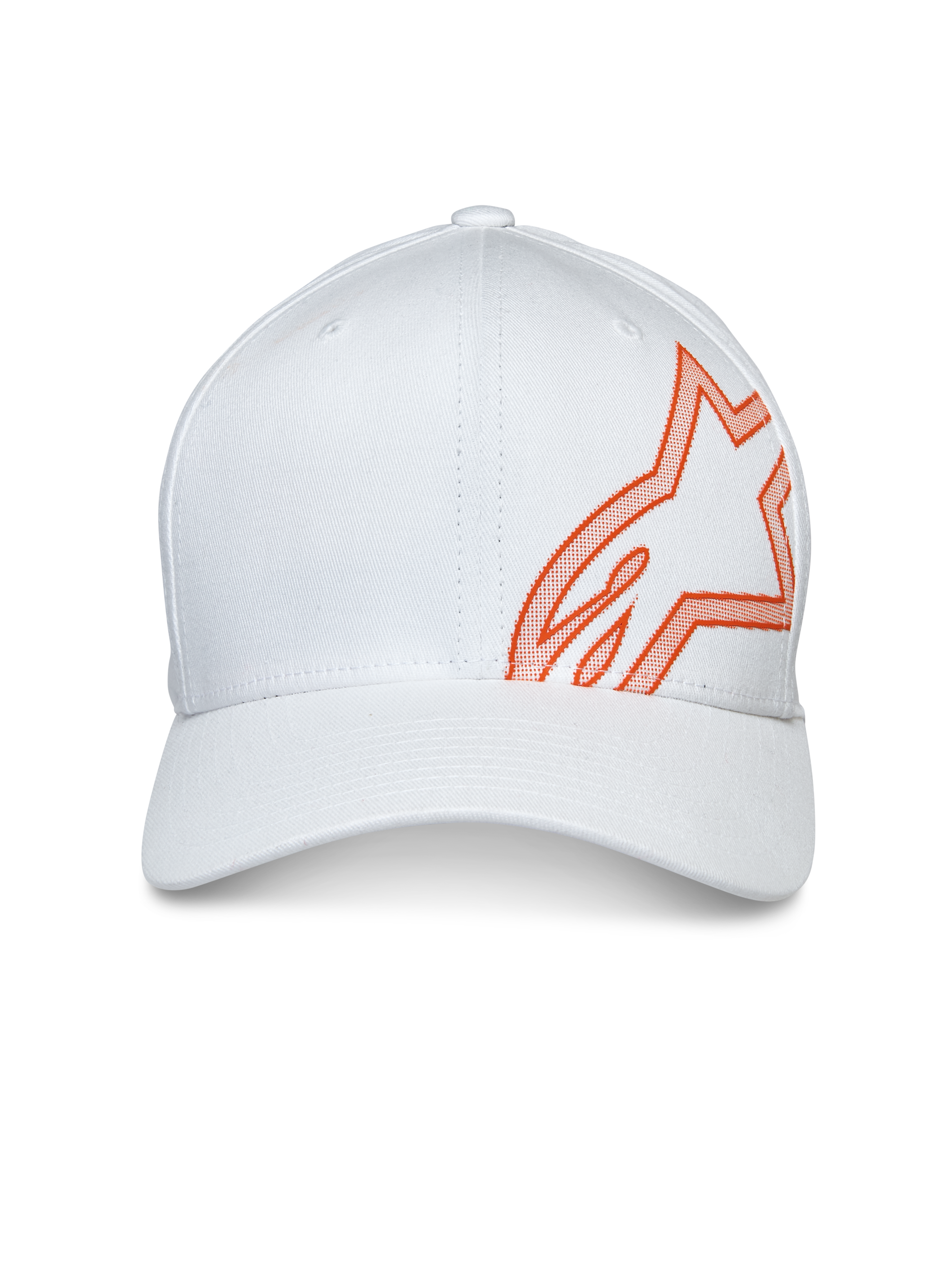 Alpinestars Share Hat, biała czapka z daszkiem, z dużym pomarańczowym logo Astars wykonanym wypukłym nadrukiem HD z boku, zakrzywiony daszek i usztywniona korona, codzienne nakrycie głowy w stylu motorsportowym