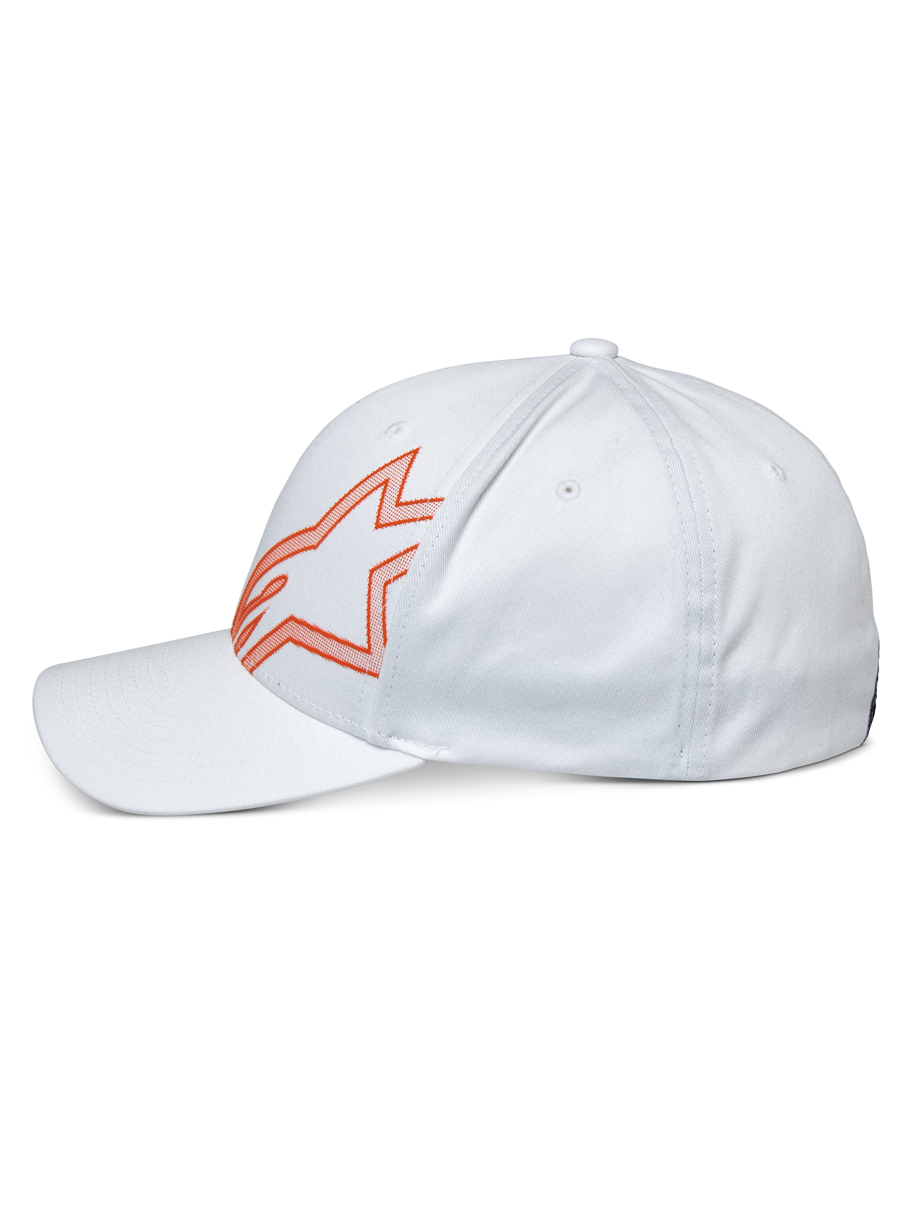 Alpinestars Share Hat, biała czapka z daszkiem, widok z boku z logo Astars z pomarańczowym obrysem, zakrzywiony daszek i usztywniona korona, streetwear inspirowany sportami motorowymi