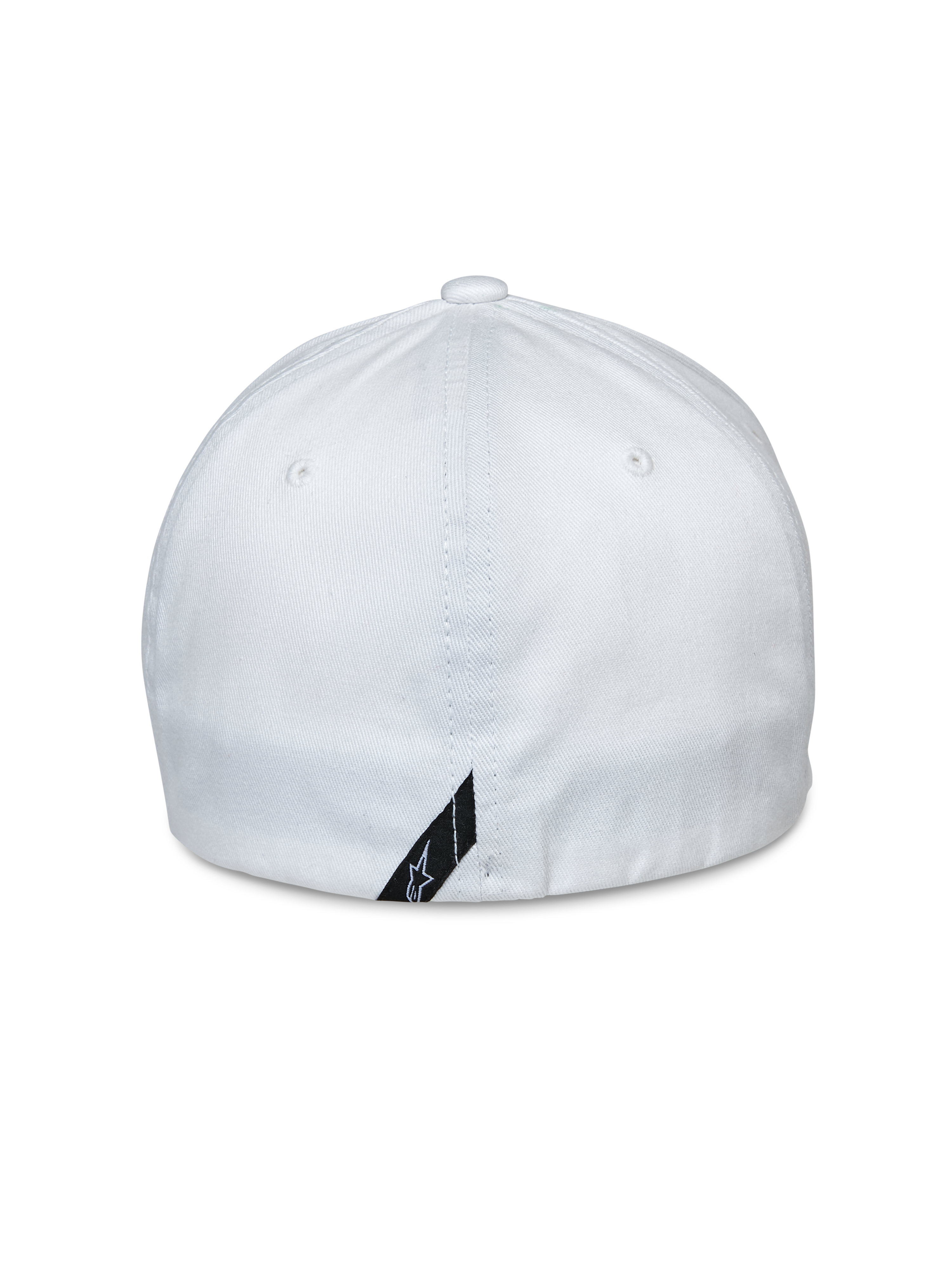 Alpinestars Share Hat, widok z tyłu, biała czapka z daszkiem typu flex back, elastyczna tkanina z kepru, mała czarna metka z logo przy dolnej krawędzi, sportowy dodatek