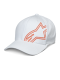 Alpinestars Share Hat, biała czapka z daszkiem z pomarańczowym wypukłym nadrukiem HD logo Astars, zakrzywiony daszek i usztywniona korona, codzienna odzież sportowa motorsport