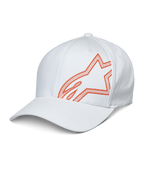 Alpinestars Share Hat, biała czapka z daszkiem z pomarańczowym wypukłym nadrukiem HD logo Astars, zakrzywiony daszek i usztywniona korona, codzienna odzież sportowa motorsport