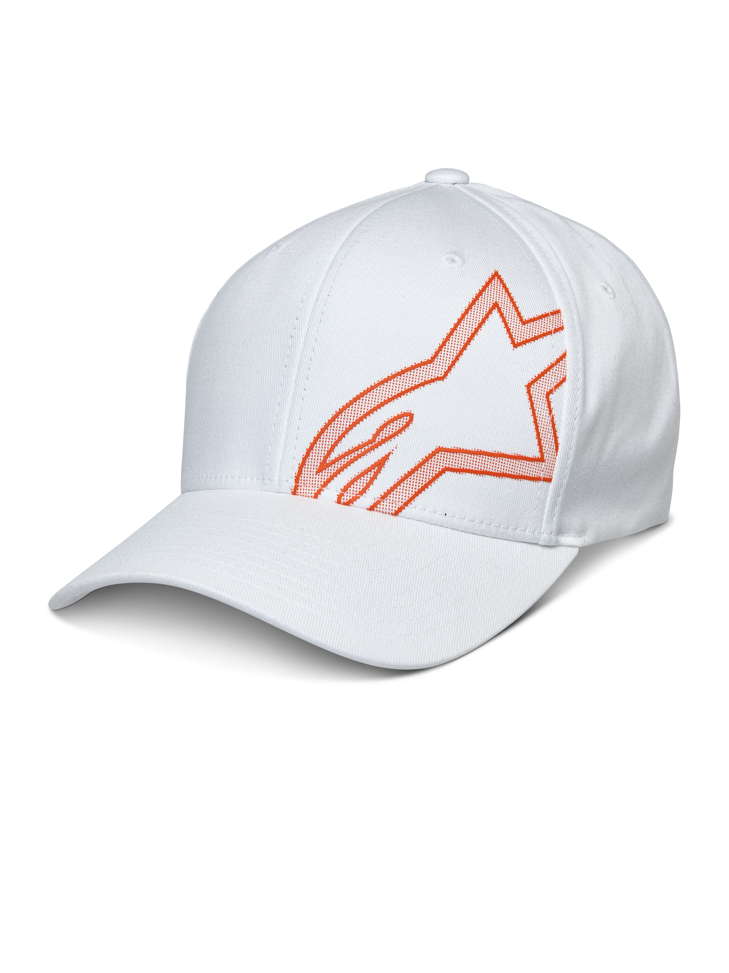 Alpinestars Share Hat, biała czapka z daszkiem z pomarańczowym wypukłym nadrukiem HD logo Astars, zakrzywiony daszek i usztywniona korona, codzienna odzież sportowa motorsport