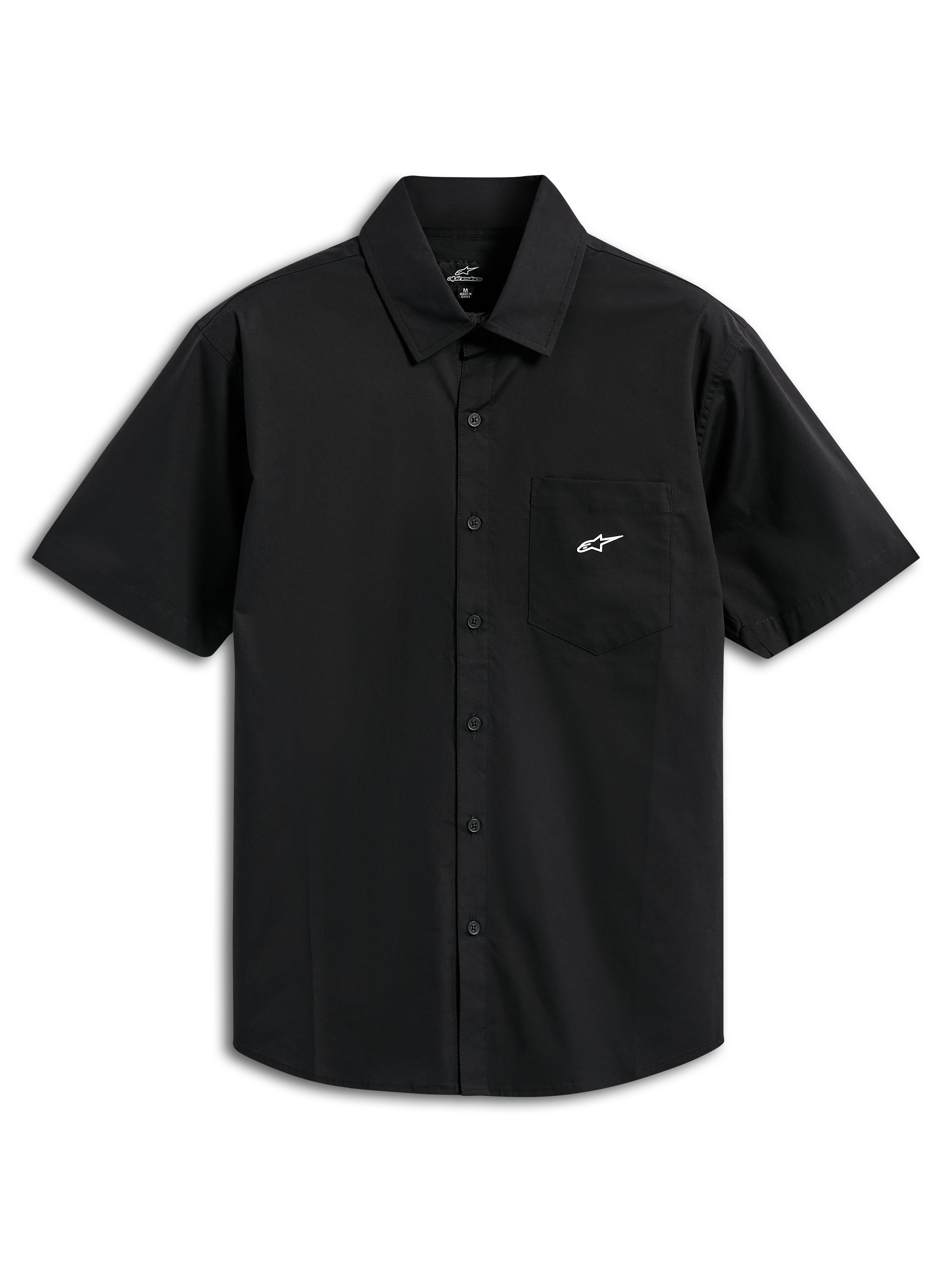 Alpinestars Strive Woven Shirt, Short Sleeve Button-Up Shirt, Black, featuring a white Astar logo on the chest pocket, classic collar and button-front placket, casual motorsport-inspired streetwear