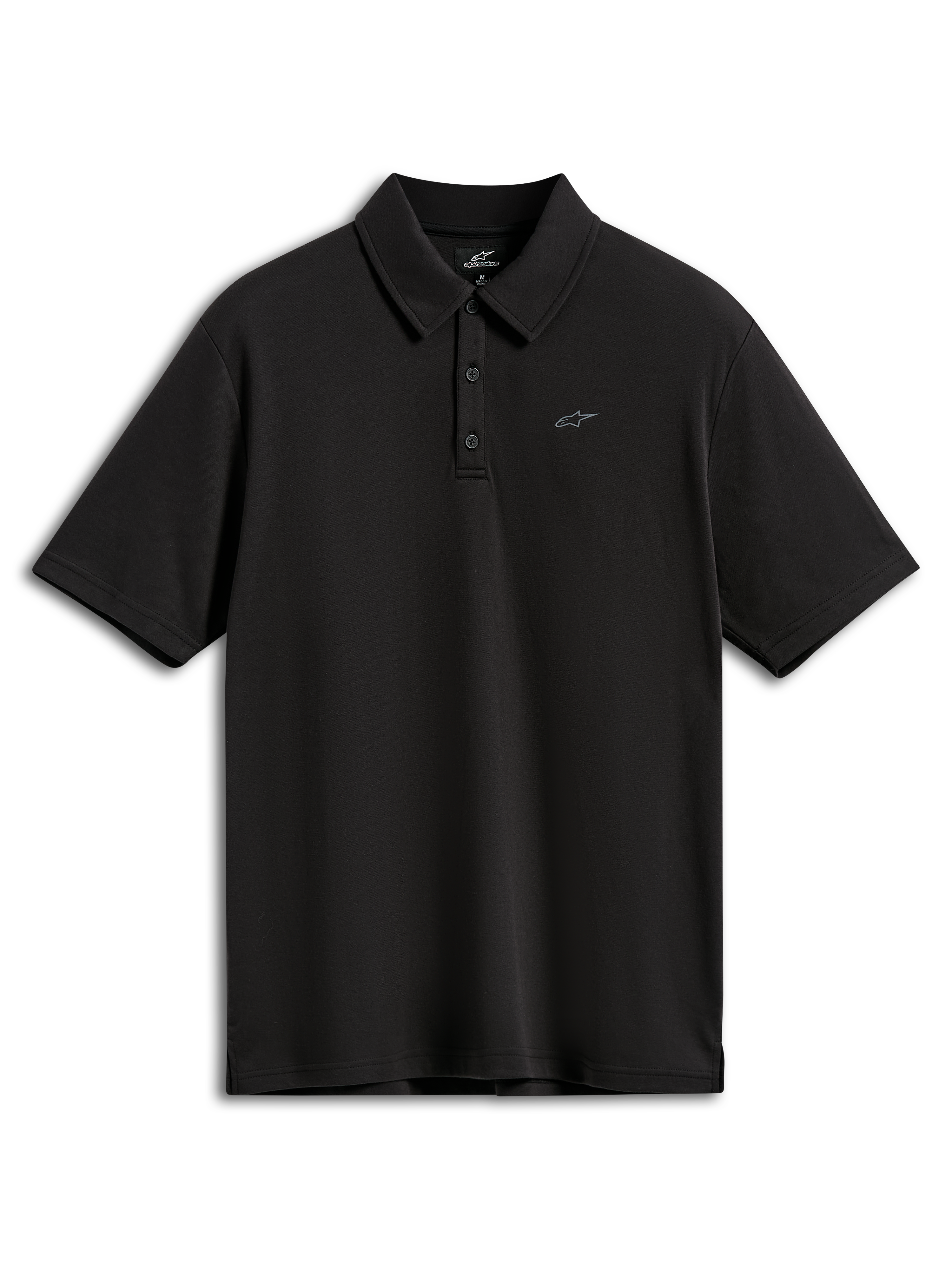 Alpinestars Impetus Sport Polo, koszulka polo z krótkim rękawem, czarna, z małym szarym logo Astars na piersi, zapięcie na trzy guziki i klasyczny kołnierzyk, casualowa odzież sportowa