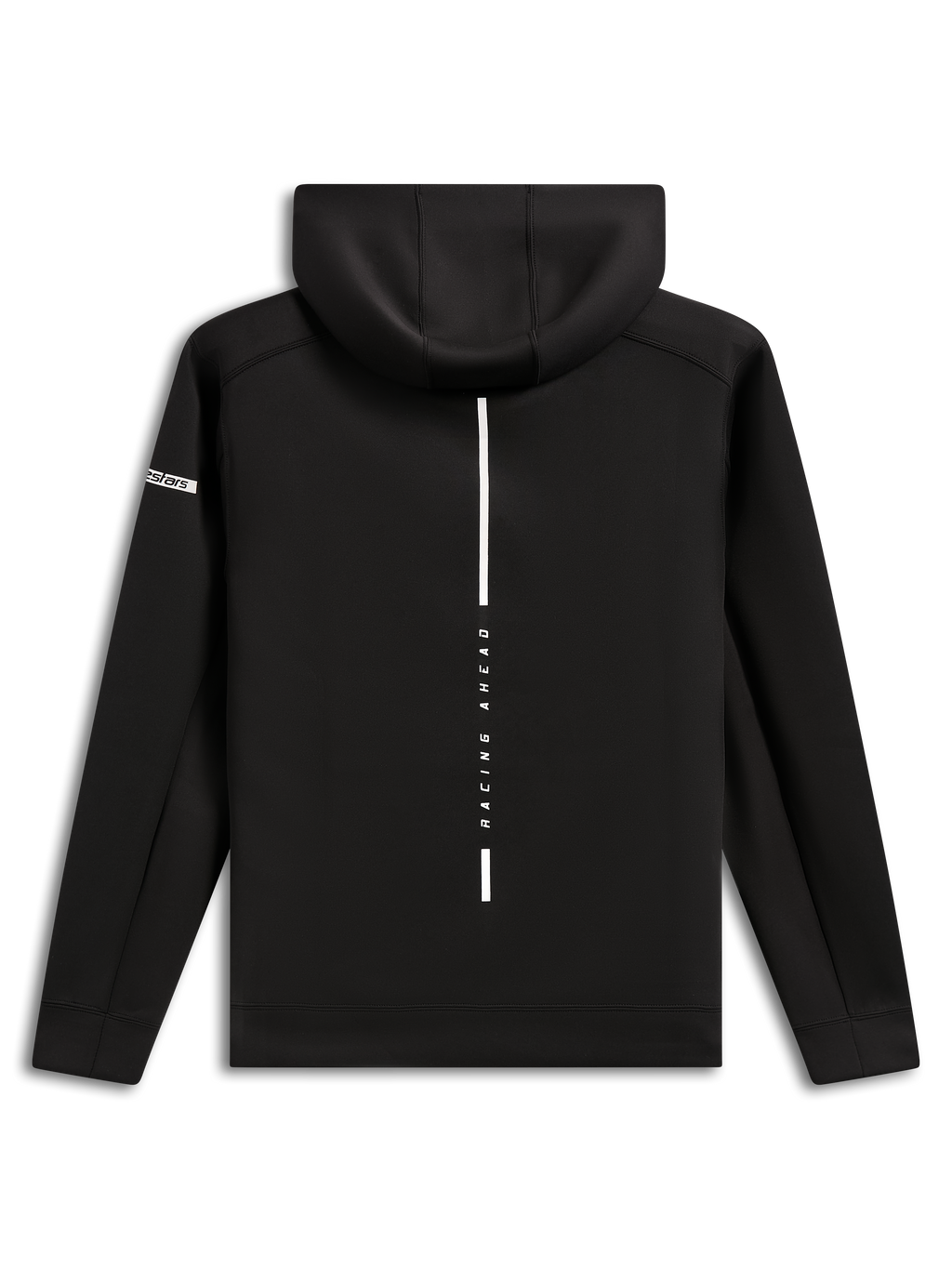 Alpinestars Insight Hoodie, widok z tyłu, czarna bluza z kapturem z polaru, pionowy biały pasek z napisem „RACING AHEAD”, logo Alpinestars na rękawie, codzienna odzież streetwearowa inspirowana motorsportem