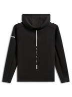 Alpinestars Insight Hoodie, widok z tyłu, czarna bluza z kapturem z polaru, pionowy biały pasek z napisem „RACING AHEAD”, logo Alpinestars na rękawie, codzienna odzież streetwearowa inspirowana motorsportem