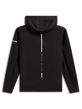 Alpinestars Insight Hoodie, widok z tyłu, czarna bluza z kapturem z polaru, pionowy biały pasek z napisem „RACING AHEAD”, logo Alpinestars na rękawie, codzienna odzież streetwearowa inspirowana motorsportem