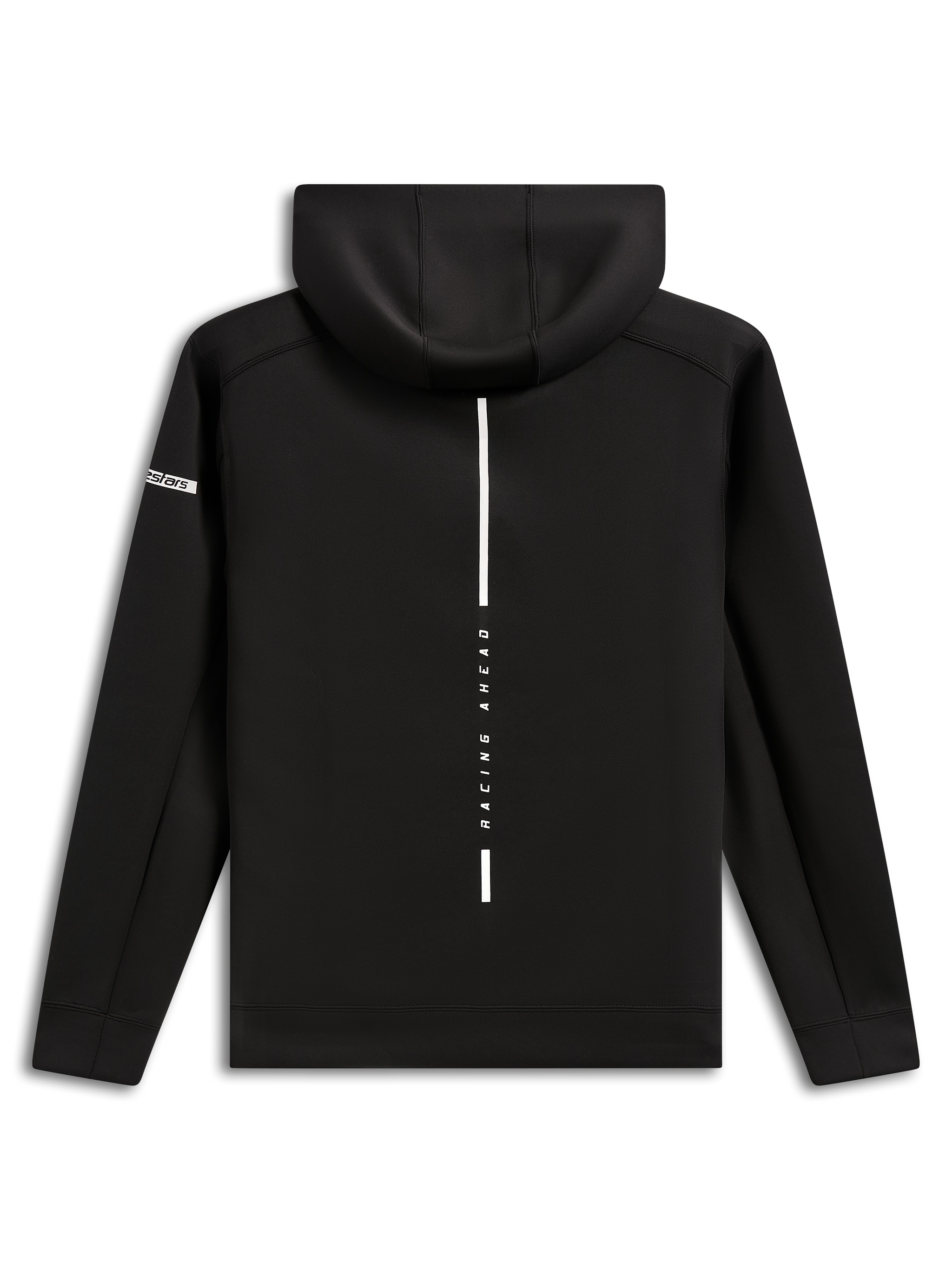 Alpinestars Insight Hoodie, widok z tyłu, czarna bluza z kapturem z polaru, pionowy biały pasek z napisem „RACING AHEAD”, logo Alpinestars na rękawie, codzienna odzież streetwearowa inspirowana motorsportem