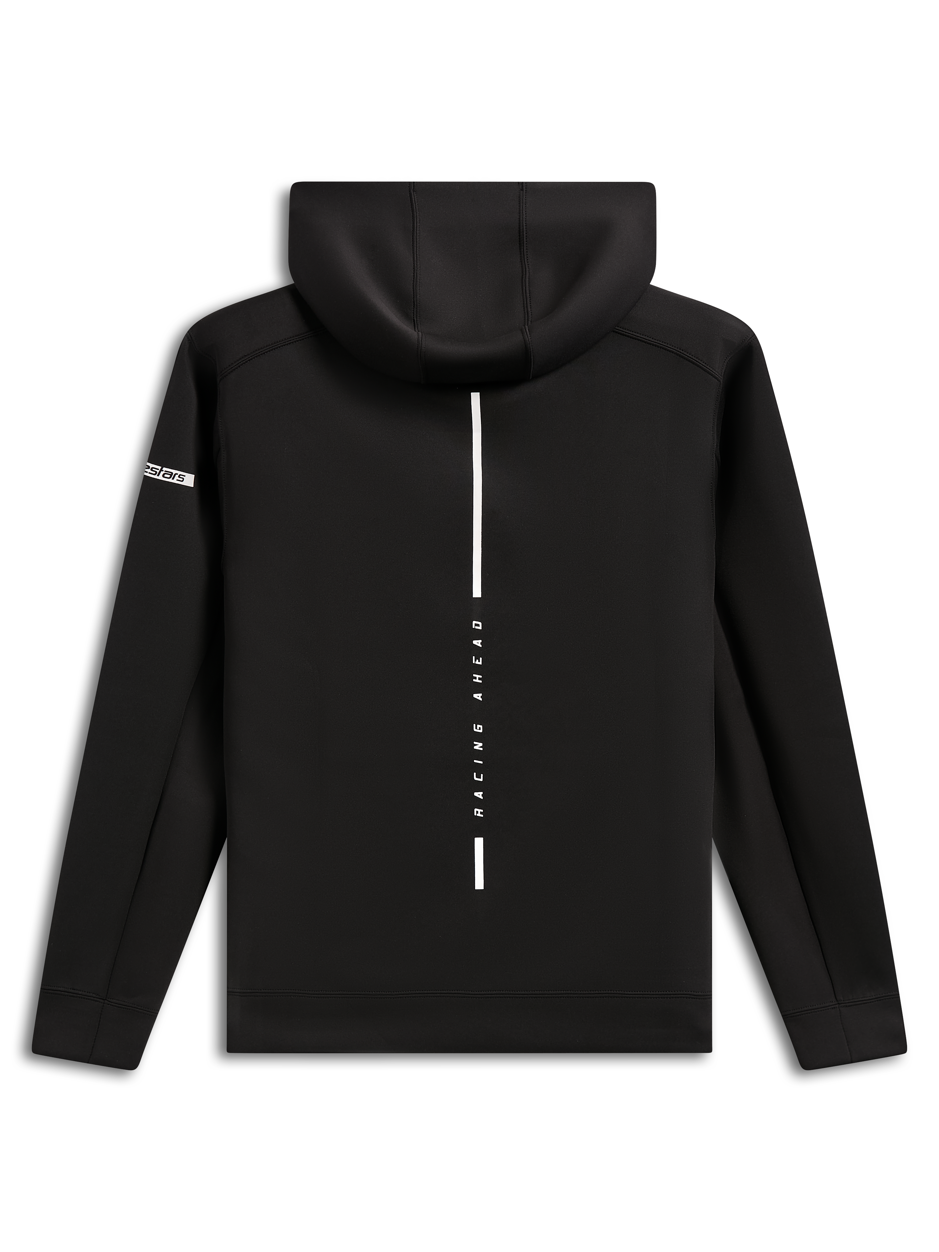Alpinestars Insight Hoodie, widok z tyłu, czarna bluza z kapturem z polaru, pionowy biały pasek z napisem „RACING AHEAD”, logo Alpinestars na rękawie, codzienna odzież streetwearowa inspirowana motorsportem