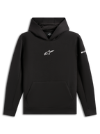 Alpinestars Insight Hoodie, czarna bluza z kapturem typu pulower, białe logo Astars na klatce piersiowej, kieszeń typu kangurka, kaptur z podszewką z siateczki, casualowa odzież uliczna inspirowana sportami motorowymi