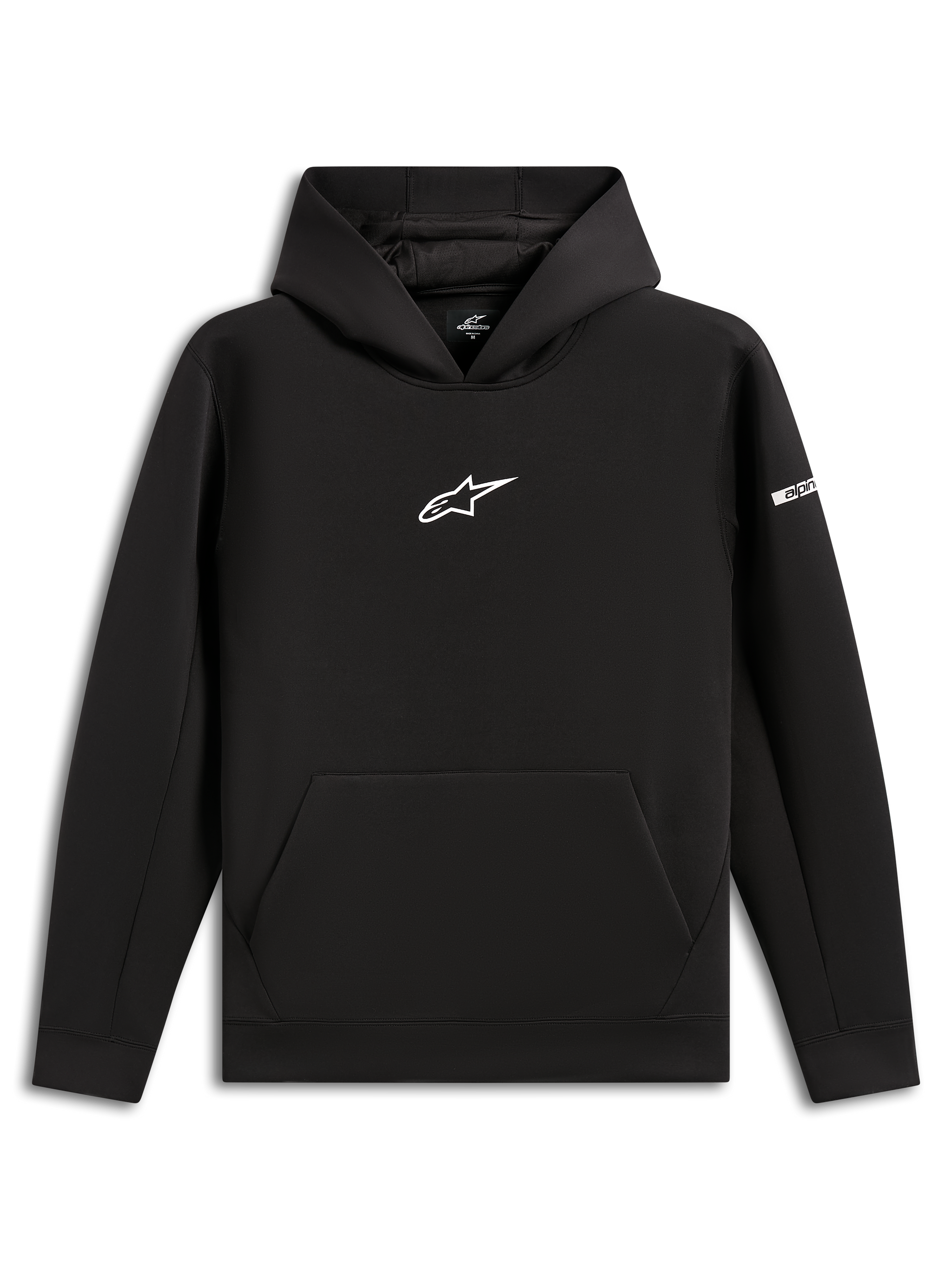 Alpinestars Insight Hoodie, czarna bluza z kapturem typu pulower, białe logo Astars na klatce piersiowej, kieszeń typu kangurka, kaptur z podszewką z siateczki, casualowa odzież uliczna inspirowana sportami motorowymi