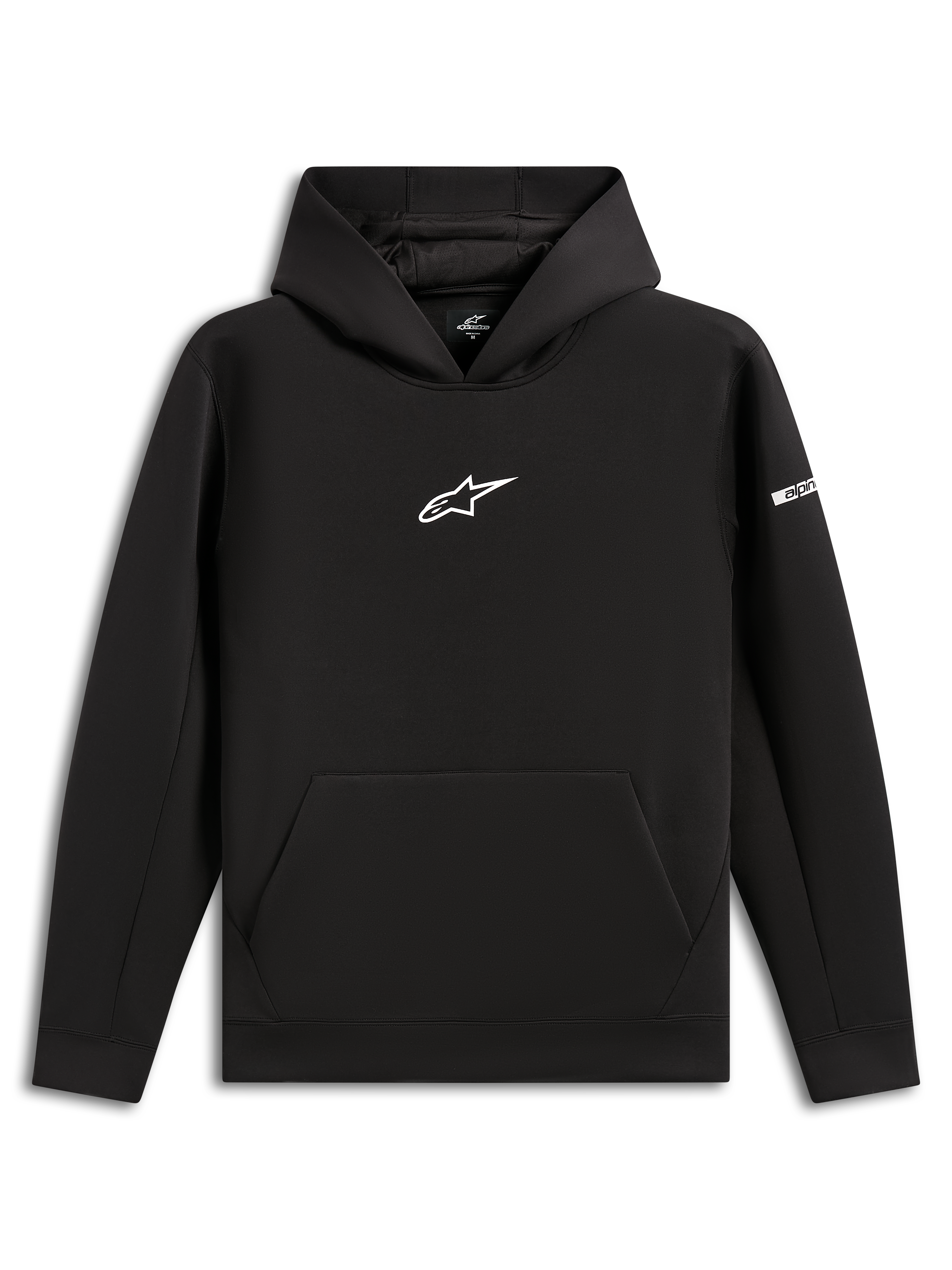 Alpinestars Insight Hoodie, czarna bluza z kapturem typu pulower, białe logo Astars na klatce piersiowej, kieszeń typu kangurka, kaptur z podszewką z siateczki, casualowa odzież uliczna inspirowana sportami motorowymi